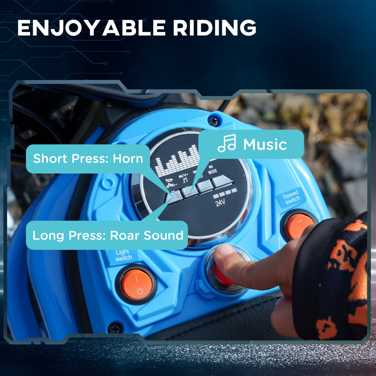 HOMCOM 24V Electric Motorbike with Twist Grip Throttle, Music, Horn, 12" Pneumatic Tyres, 16km/h Max Speed in Blue