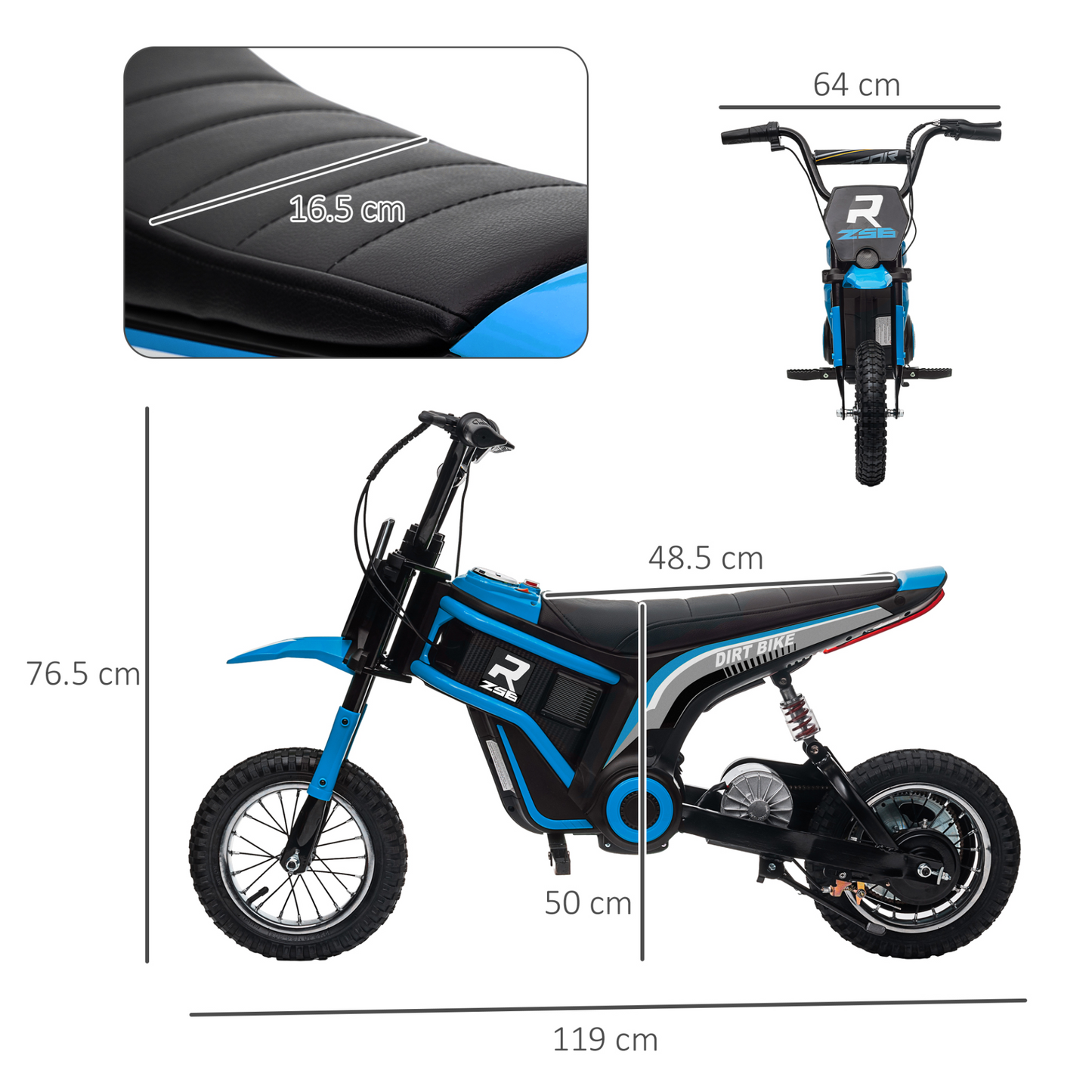 HOMCOM 24V Electric Motorbike with Twist Grip Throttle, Music, Horn, 12" Pneumatic Tyres, 16km/h Max Speed in Blue