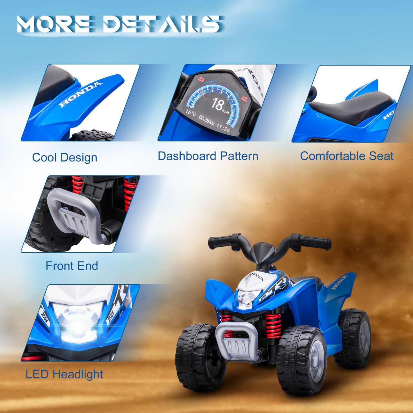 AIYAPLAY Honda Licensed Kids Electric Quad Bike 6V ATV Ride On for 1.5-3 Years in Blue