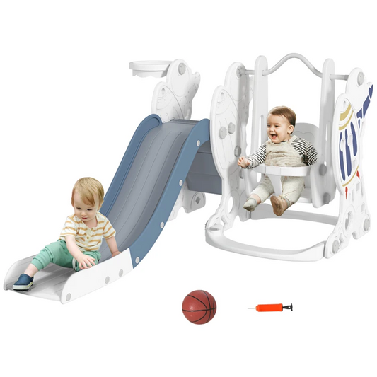 AIYAPLAY Space-Themed Kids Slide and Swing Set with Basketball Hoop in Blue
