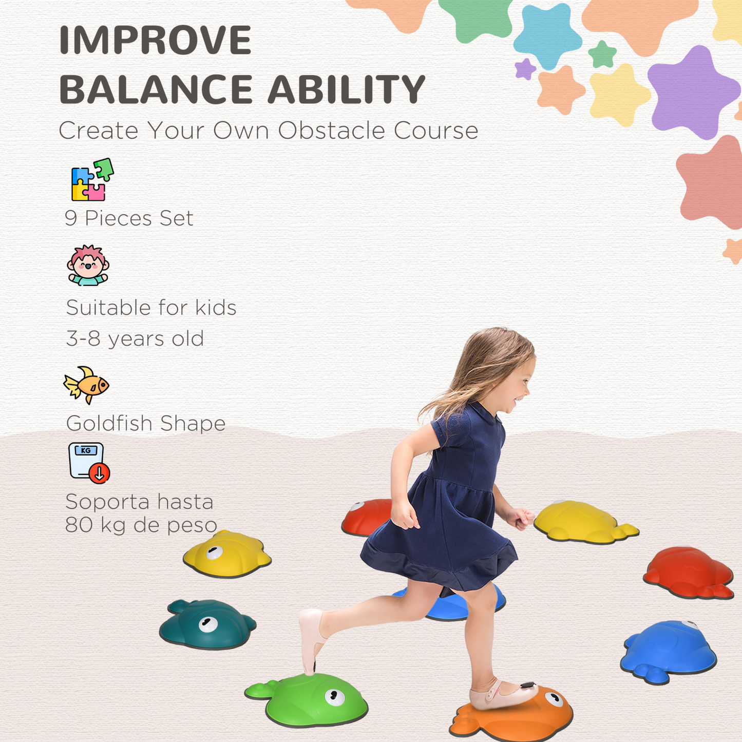 9 Balance Stepping Stones for Kids Sensory with Non-slip Edge, Stackable Outdoor Indoor Obstacle Course by AIYAPLAY