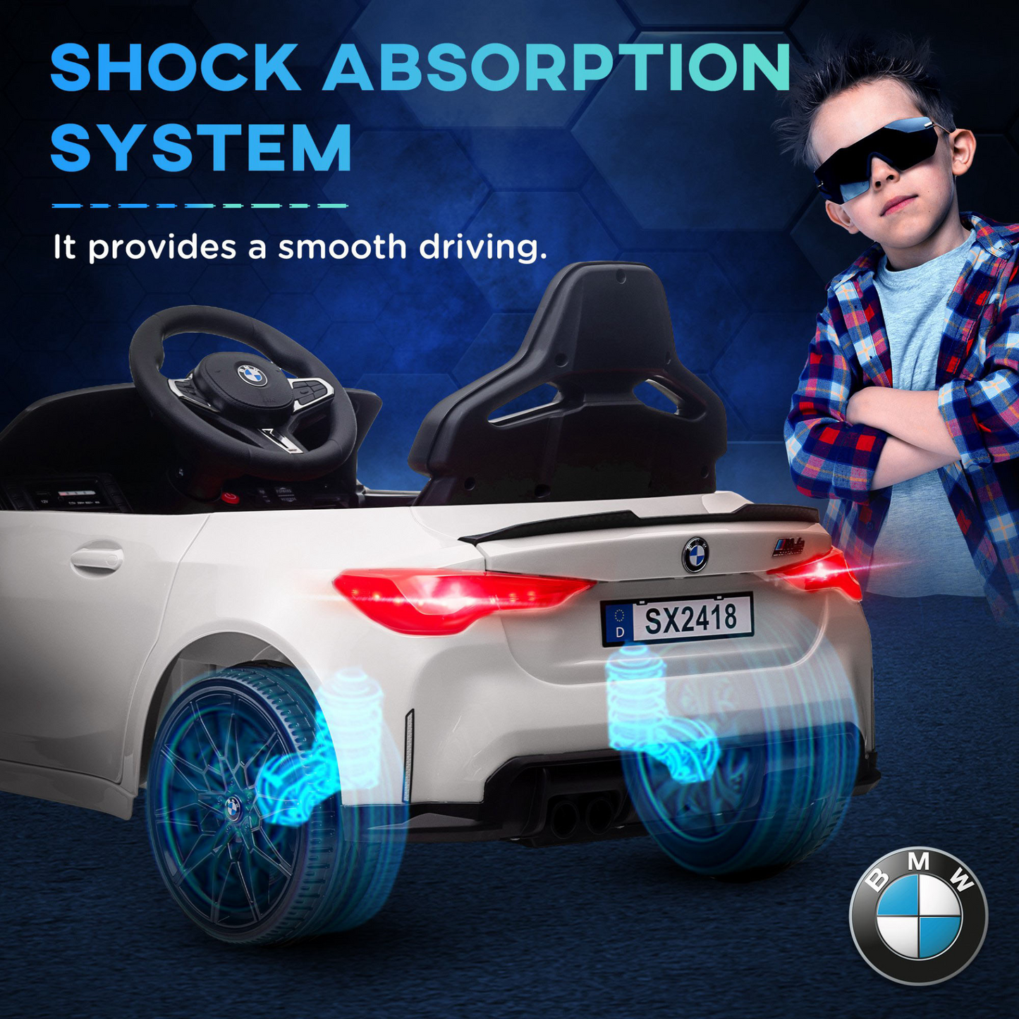 12V BMW M4 Licensed Kids Car with Easy Transport, Remote Control, Suspension, Music, Horn, LED Lights in White by AIYAPLAY