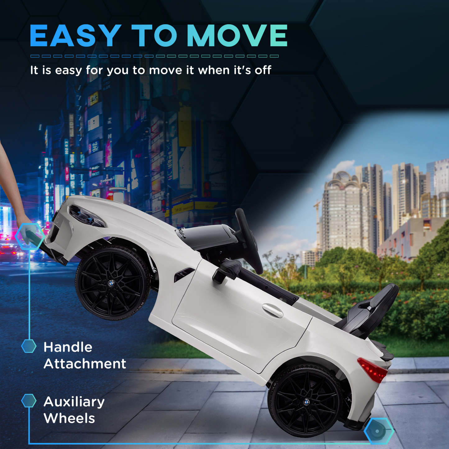 12V BMW M4 Licensed Kids Car with Easy Transport, Remote Control, Suspension, Music, Horn, LED Lights in White by AIYAPLAY