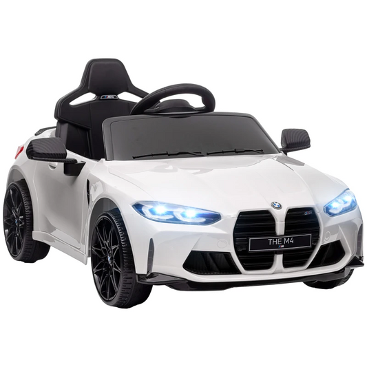 12V BMW M4 Licensed Kids Car with Easy Transport, Remote Control, Suspension, Music, Horn, LED Lights in White by AIYAPLAY