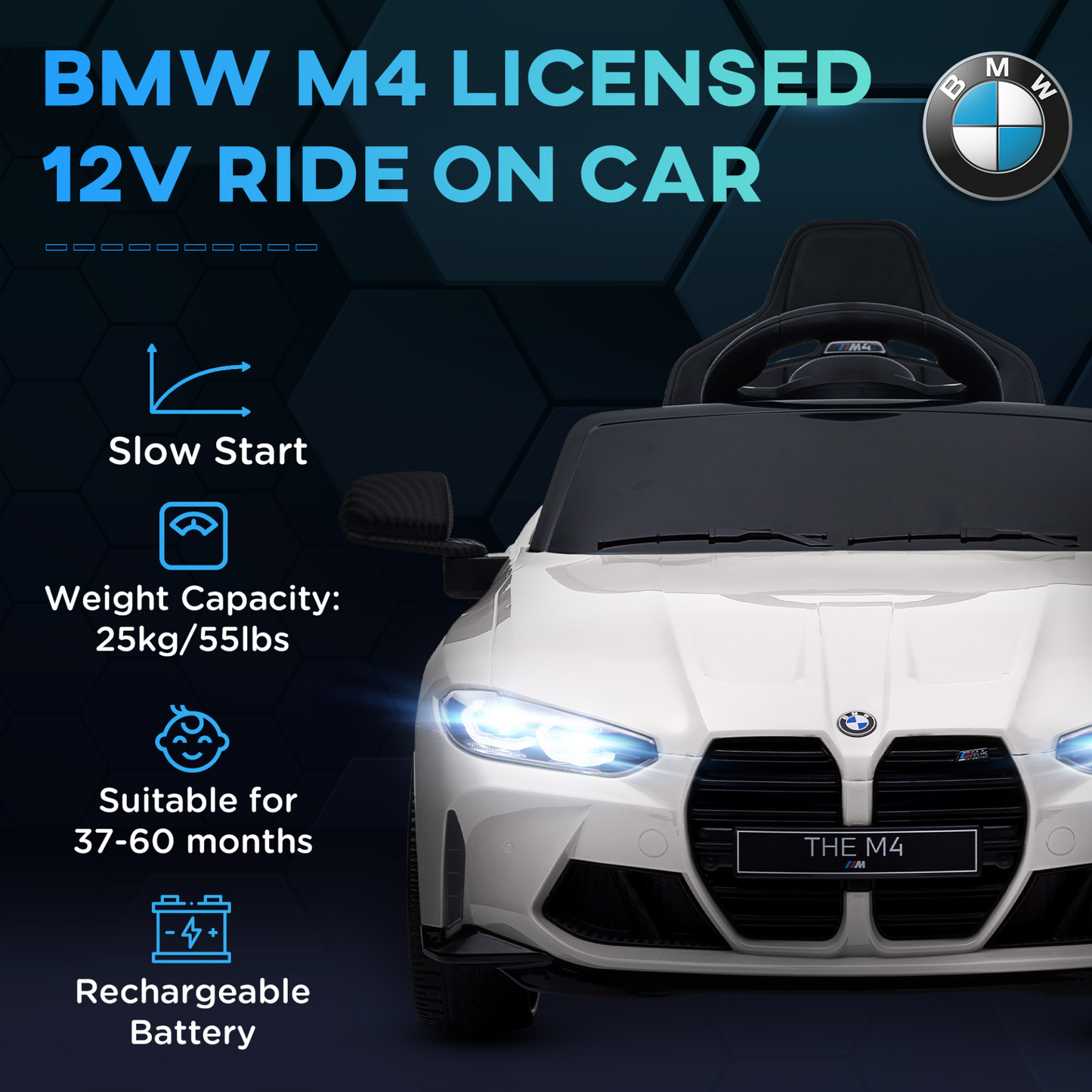 12V BMW M4 Licensed Kids Car with Easy Transport, Remote Control, Suspension, Music, Horn, LED Lights in White by AIYAPLAY