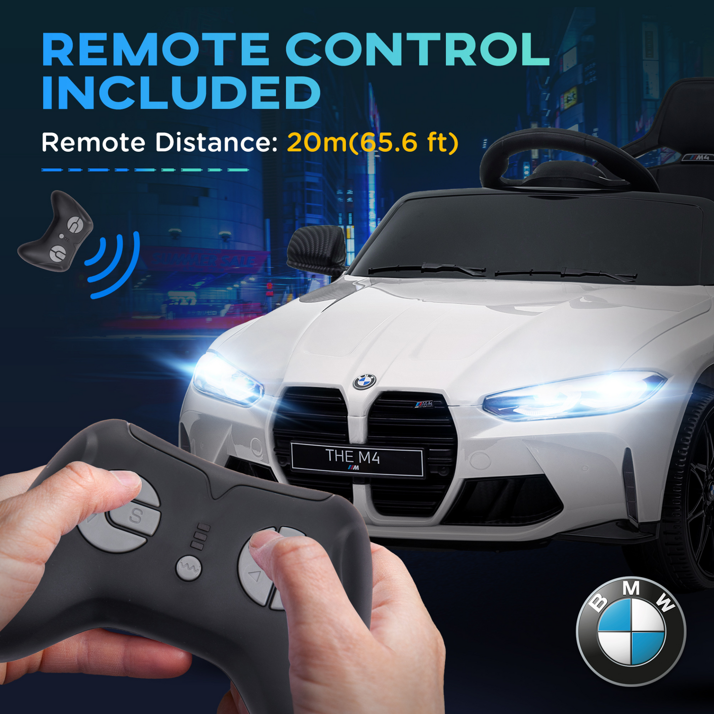 12V BMW M4 Licensed Kids Car with Easy Transport, Remote Control, Suspension, Music, Horn, LED Lights in White by AIYAPLAY