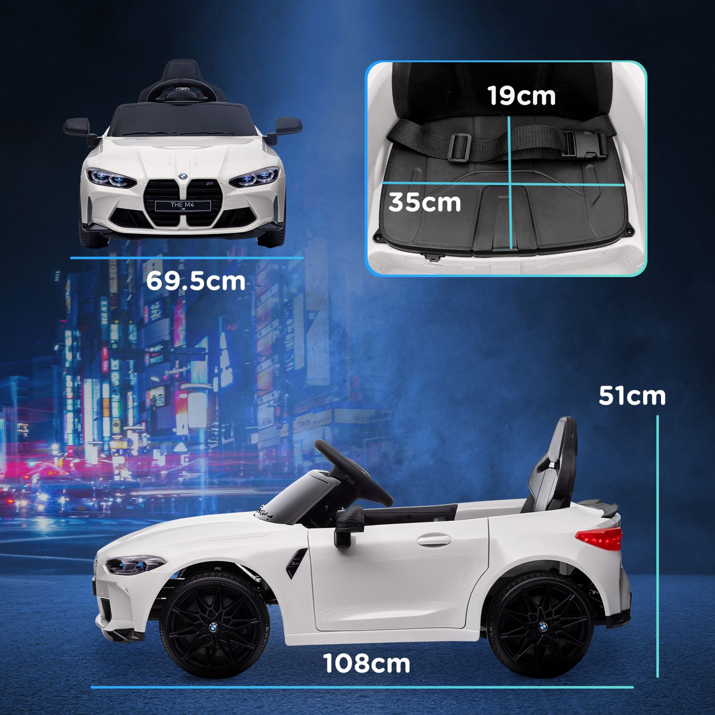 12V BMW M4 Licensed Kids Car with Easy Transport, Remote Control, Suspension, Music, Horn, LED Lights in White by AIYAPLAY