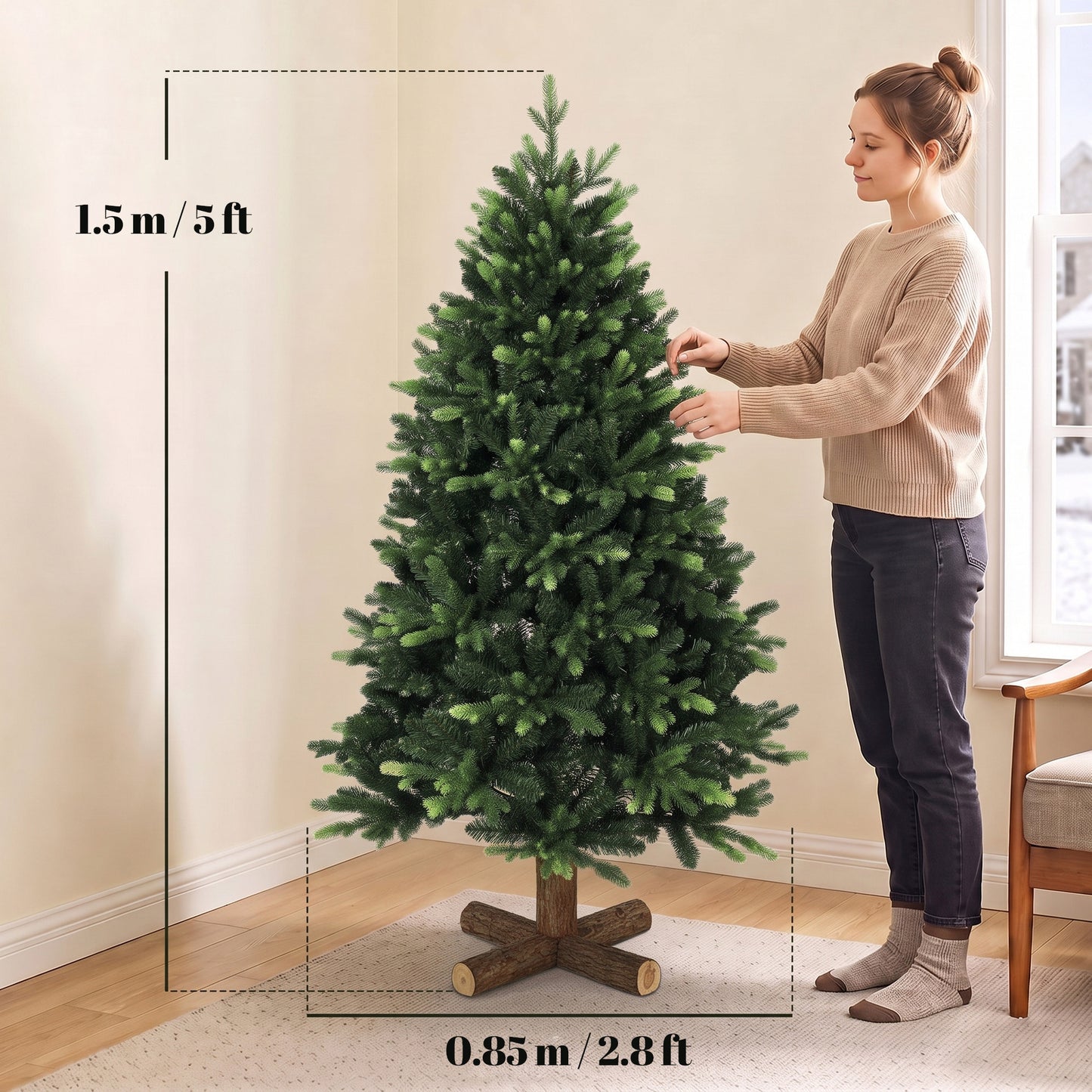 HOMCOM Artificial Christmas Tree, Hinged Xmas Tree with 1620 PE & PVC Branch Tips, 5ft, Green