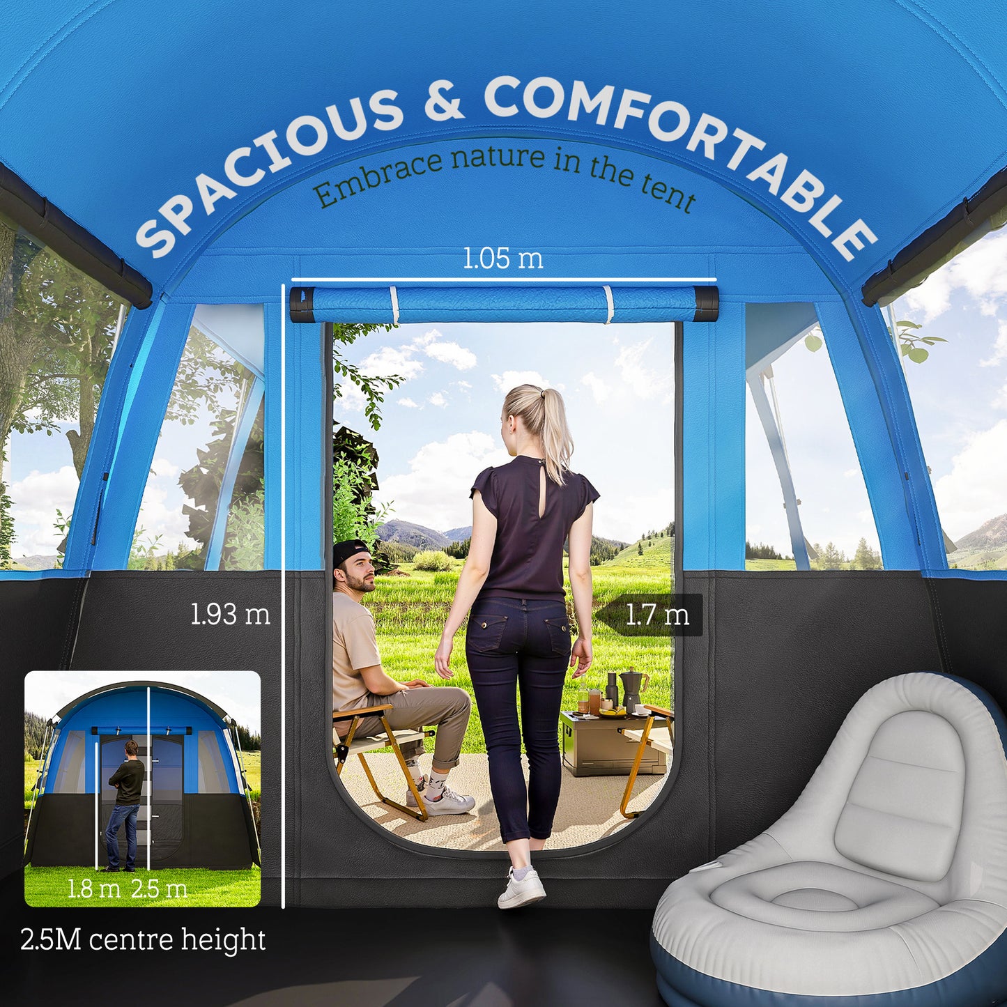 Outsunny 4-Person Camping Tent, Waterproof Family Tent, Tunnel Design, 4 Large Windows, Sleeping Cabins 3000mm Water Column Blue