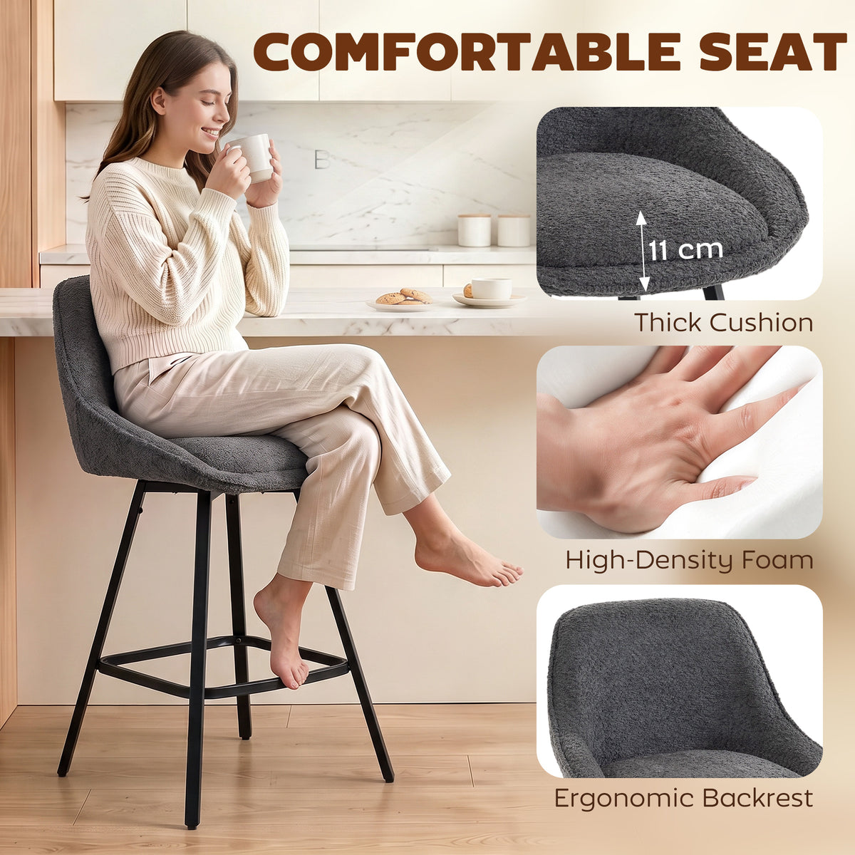 HOMCOM Bar Stools Set of 2, 64 cm Modern Linen-Touch Fabric 360Â° Swivel Counter Height Bar Chairs, Dark Grey