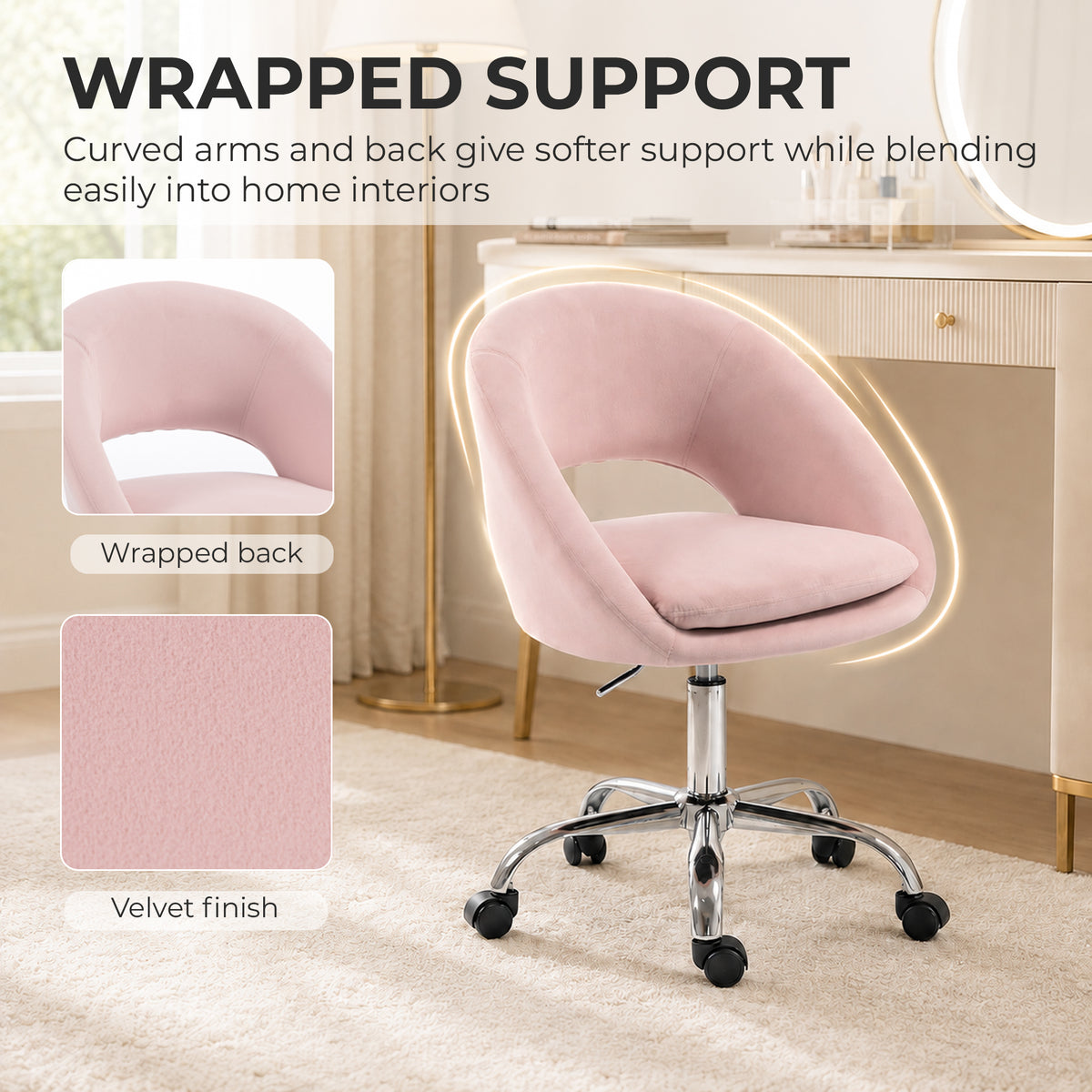 HOMCOM Velvet Desk Chair, Modern Office Chair with Height-Adjustable, Wheels, for Home Study Bedroom, Pink