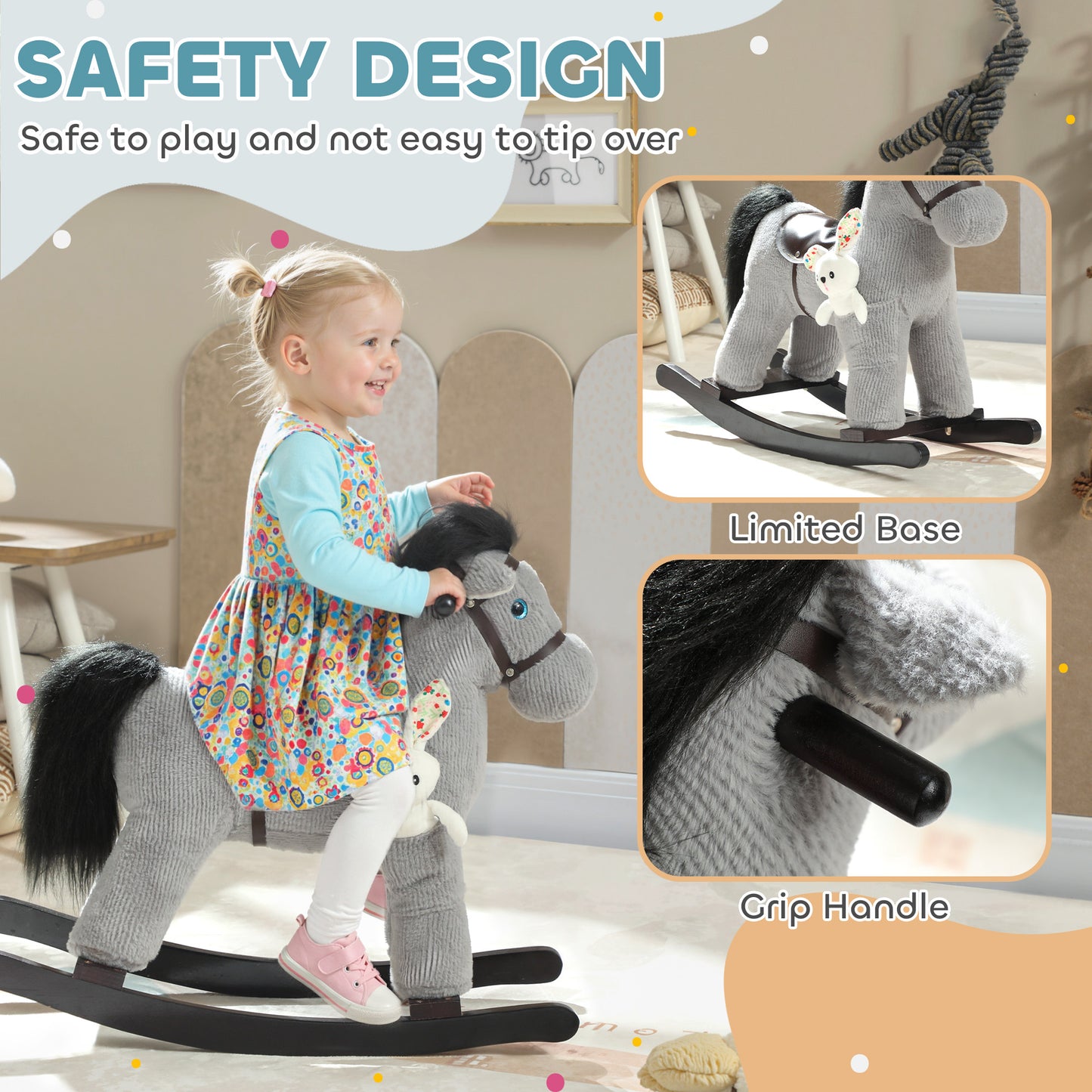 AIYAPLAY Baby Rocking Horse, Plush Ride on Toy with Handle Grip, Sound and Doll, Toddler Animal Rocker for Kids Aged 2-5, Grey