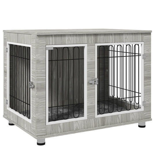 PawHut Dog Crate Furniture, Dog Cage End Table. with Soft Cushion, Double Door, for Large Dogs, Grey