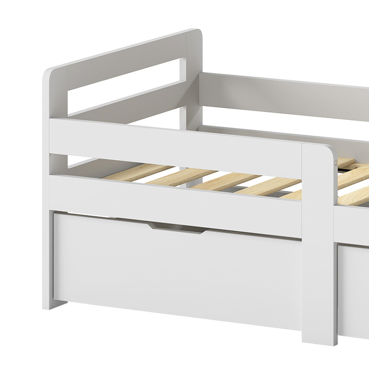 AIYAPLAY Wooden Kids Bed Frame with 2 Storage Drawers and Guard Rails for Ages 4-14, 144 x 76 x 57 cm (No Mattress), Grey