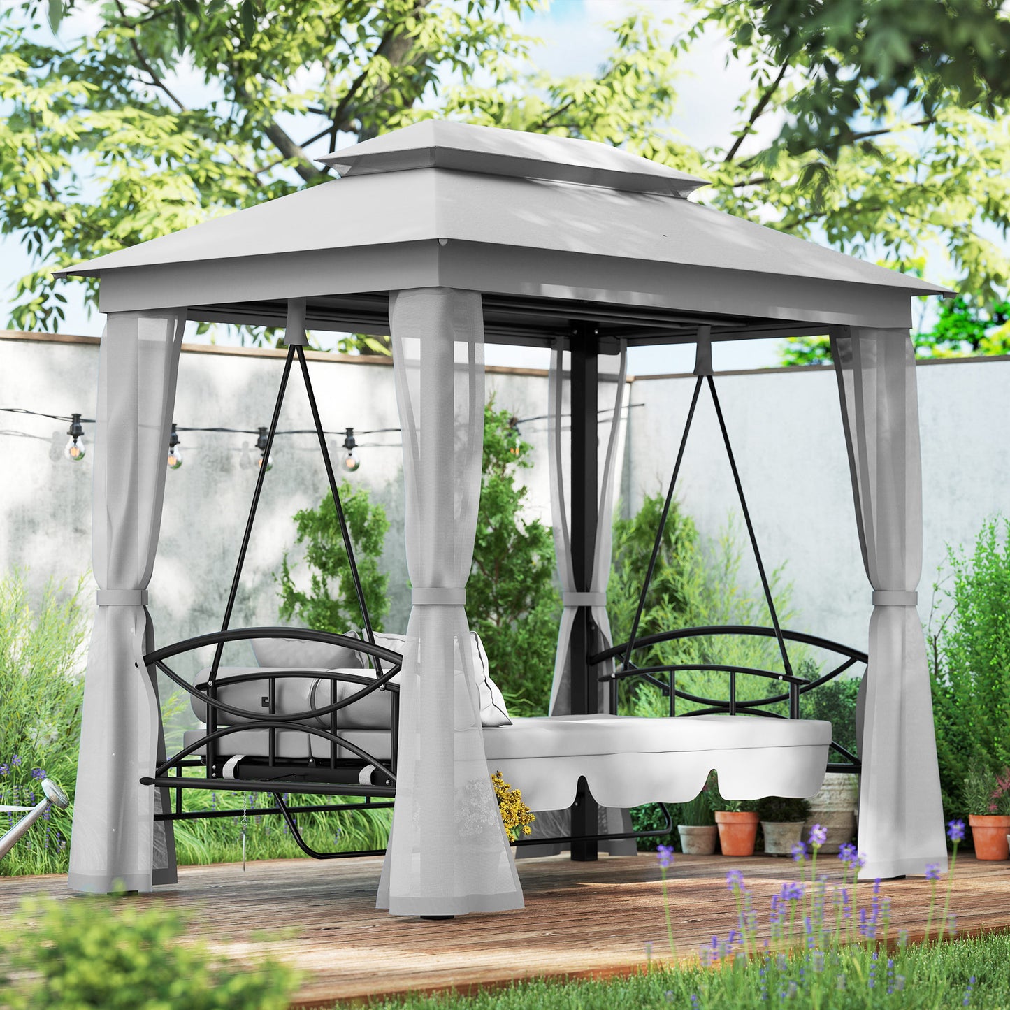 Outsunny 3 Seater Convertible Swing Chair, Outdoor Gazebo Swing Seat Bed with Double Tier Canopy, Cushioned Seat, Mesh Sidewalls, Light Grey