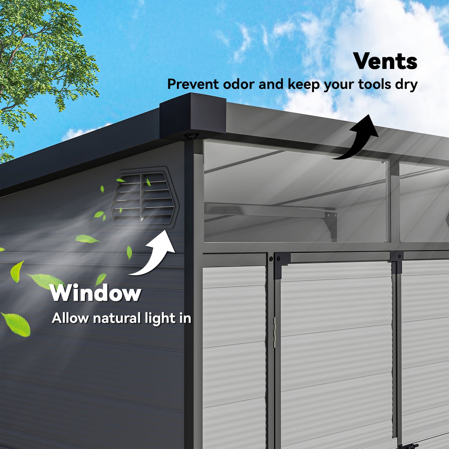 Outsunny 6 x 6ft Outdoor Storage Shed, Plastic Garden Shed with Windows and Air Vents, Outdoor Resin Tool Shed with Latch Doors for Garden, Deck, Light Grey