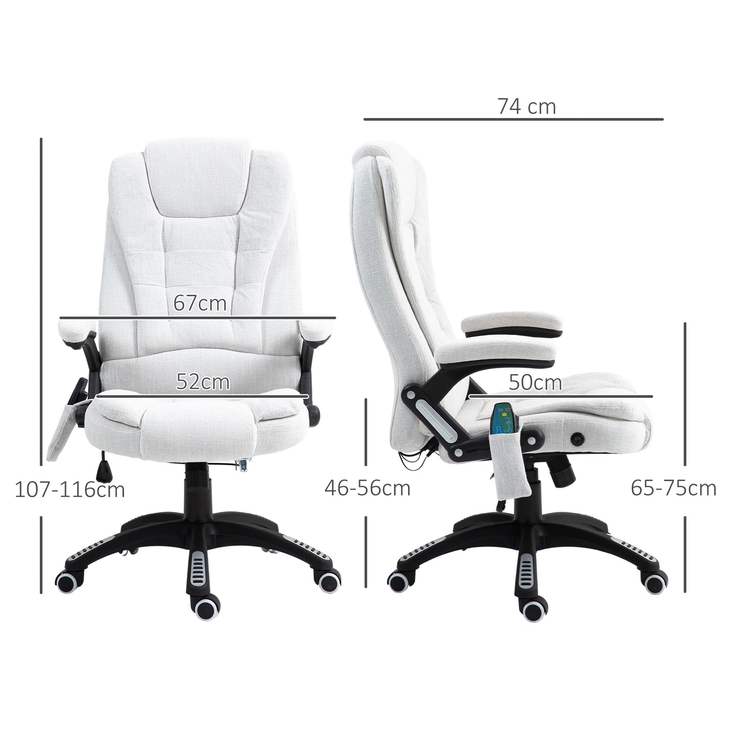 Vinsetto Massage Recliner Chair Heated Office Chair with Six Massage Points Linen-Feel Fabric 360Â° Swivel Wheels Cream White