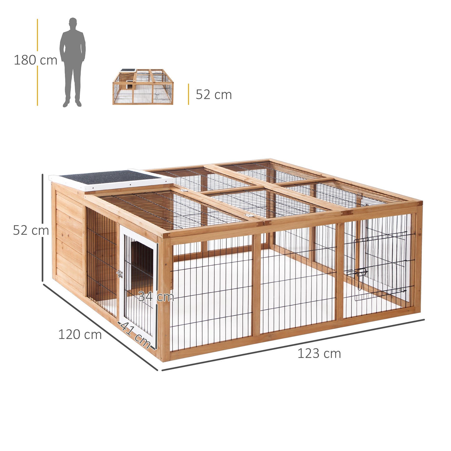 PawHut Rabbit Hutch Outdoor, Guinea Pig House, Bunny Run Cage with Openable Top for 1-2 Rabbits, 123 x 120 x 52cm, Yellow