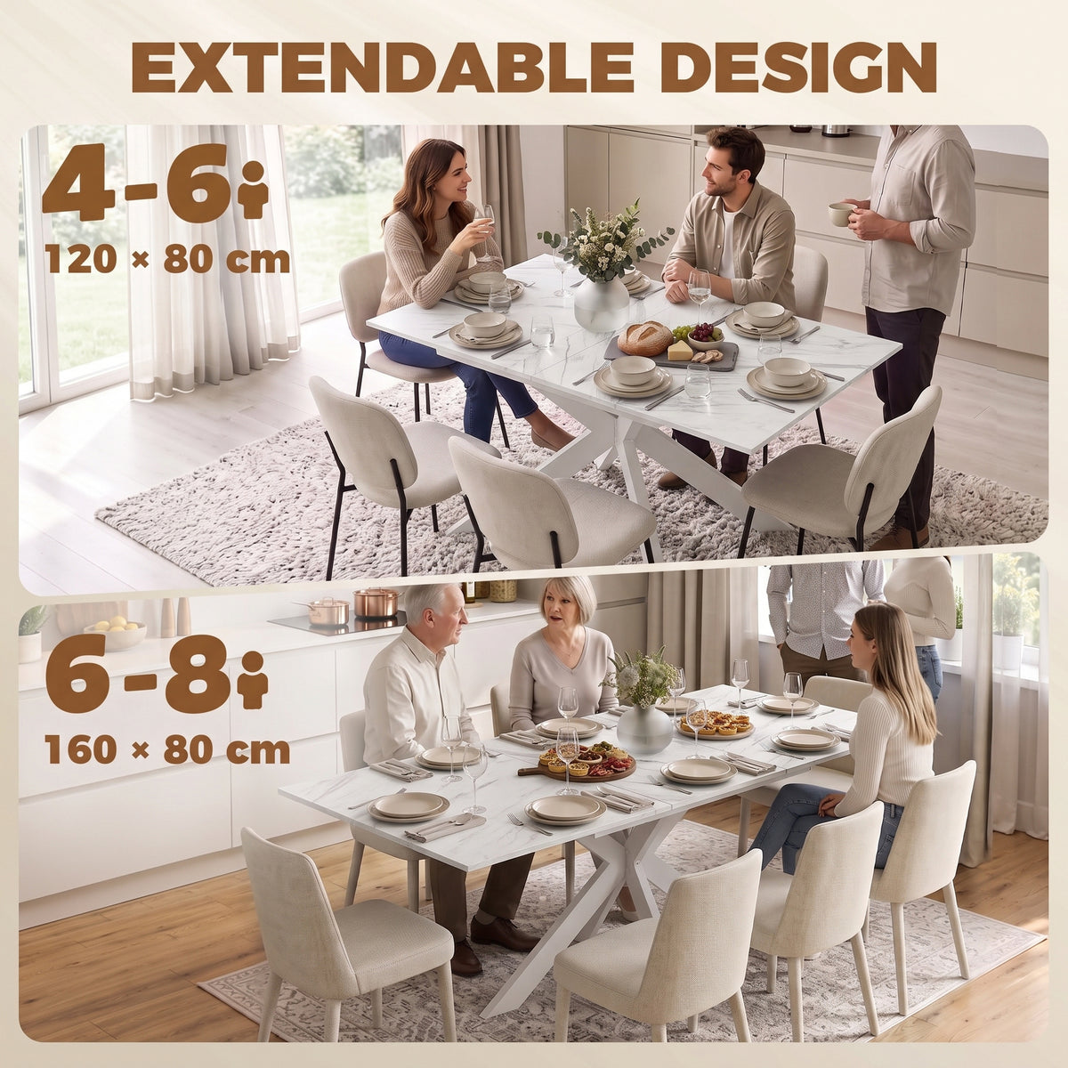 HOMCOM Extendable Dining Table Steel Cross Legs Steel Rails Space Saving White