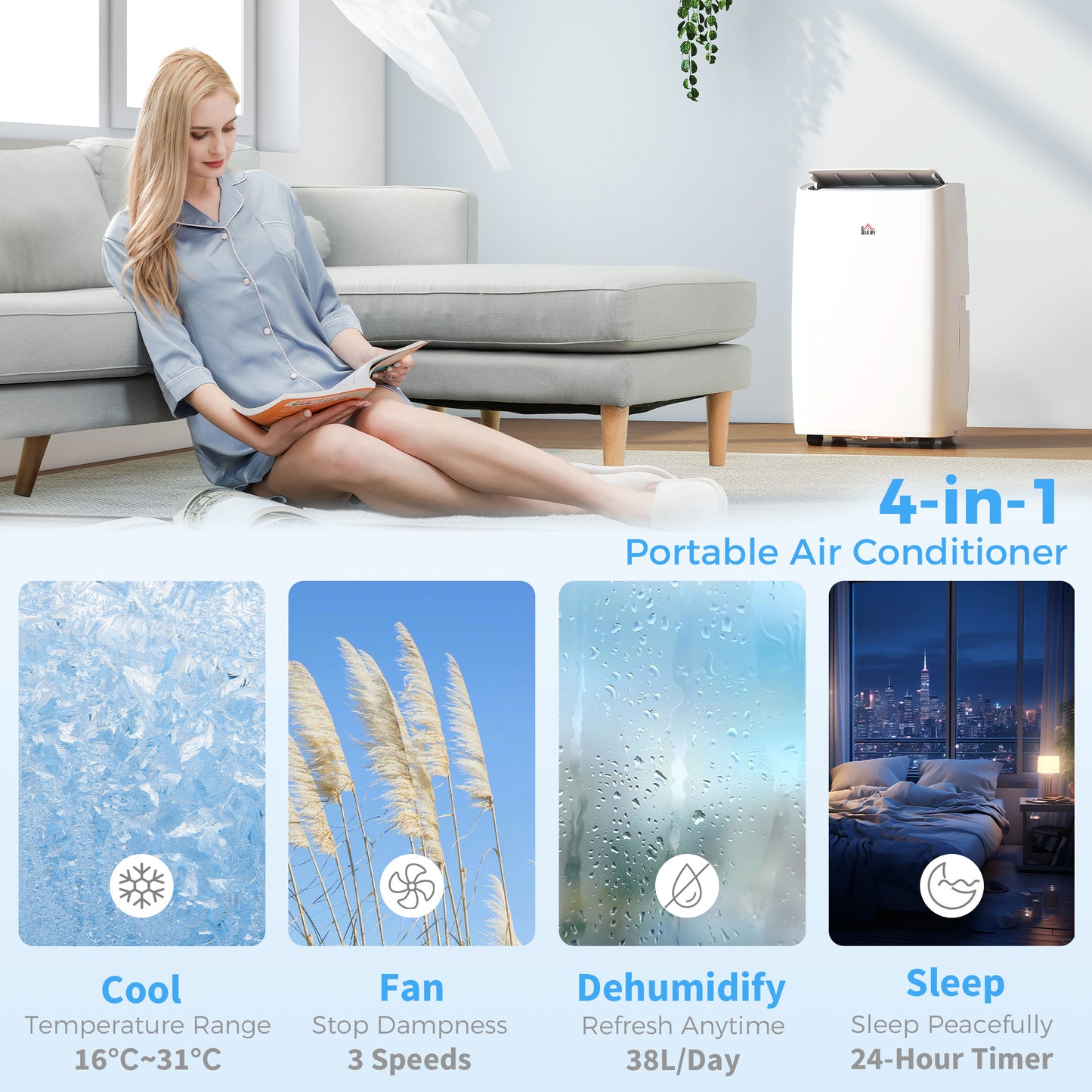 HOMCOM Portable Air Conditioner 12000 BTU, 4-in-1 Air Conditioning Unit, Dehumidifier, Cooling, Fan, Sleep Mode with 3 Speeds, Remote Control, LED Display, 24H Timer, Window Kit, Children Lock, 35mÂ²