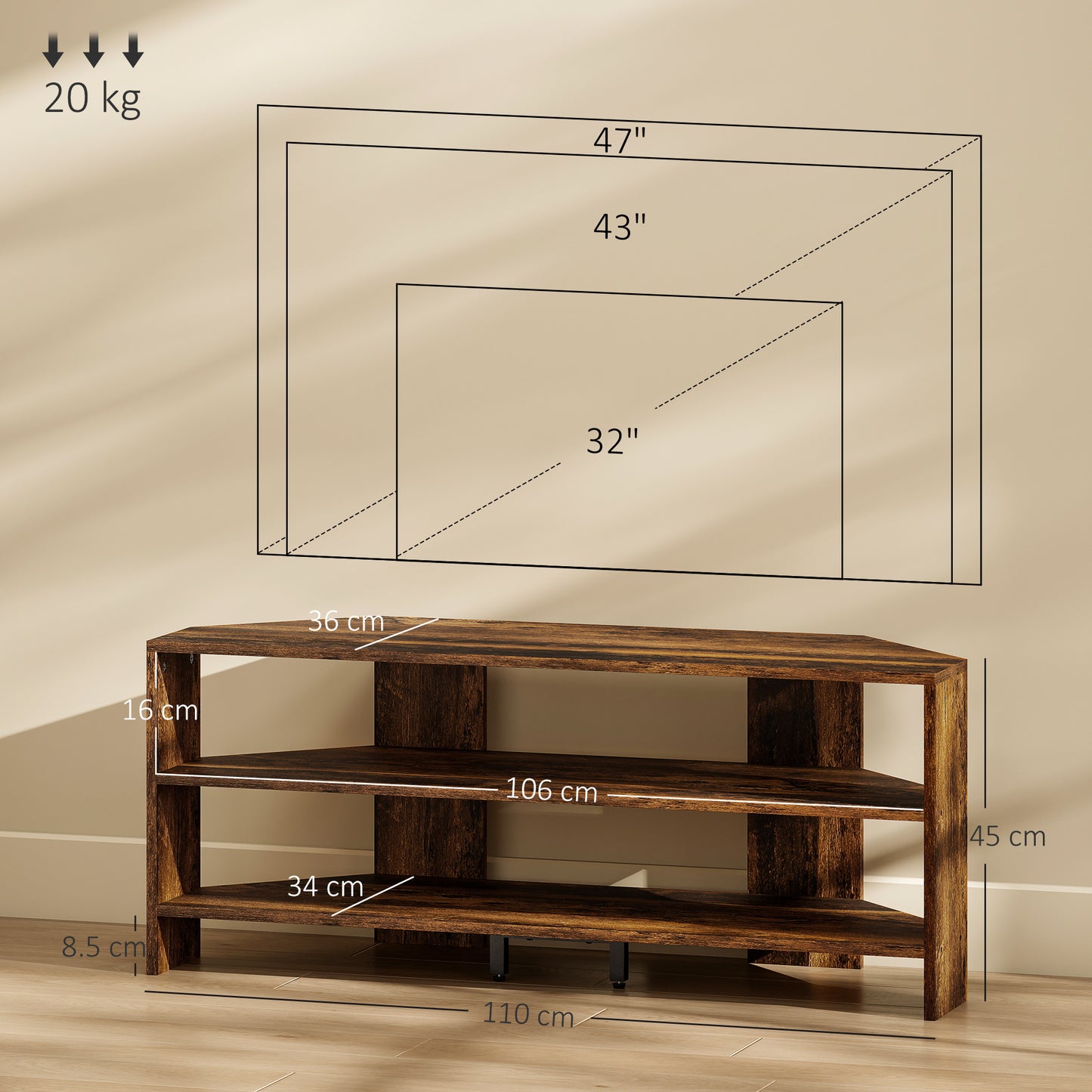 HOMCOM Corner TV Stand with 2 Open Shelves for 47 Inch TV - Rustic Brown