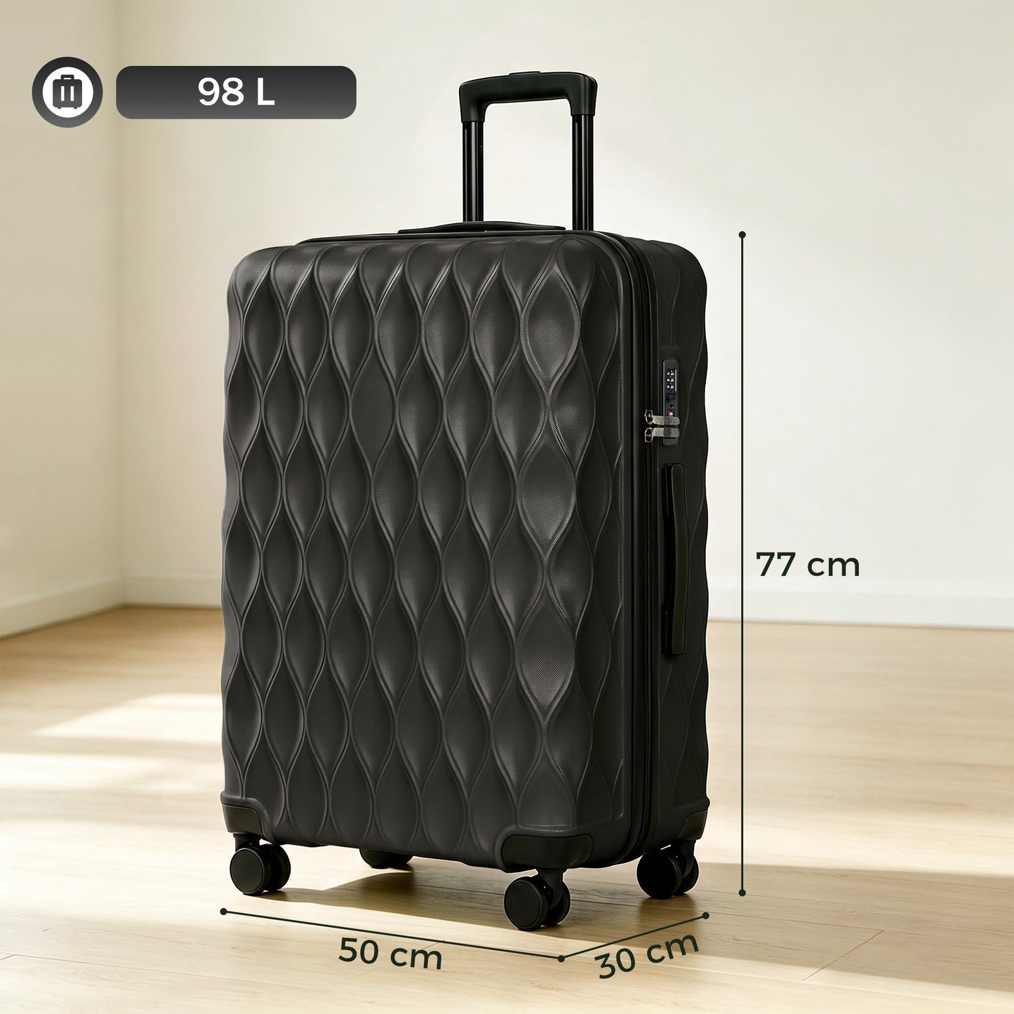 HOMCOM 77cm 98L Suitcase, Lightweight ABS Hard Shell Carry On Luggage with TSA Lock, Spinner Wheels, Telescopic Handle, Black