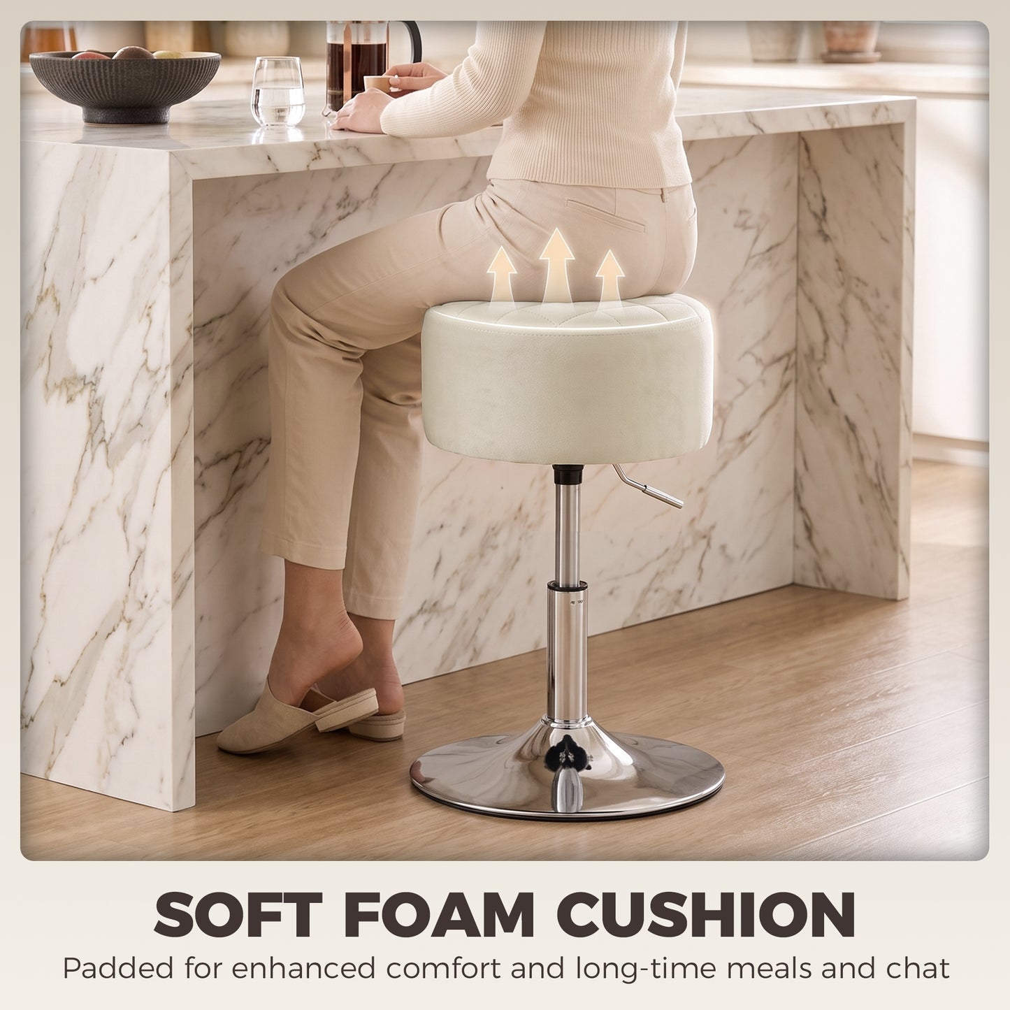 HOMCOM Bar Stool Adjustable Swivel Chair Velvet-Feel Seat 1 Piece, Beige