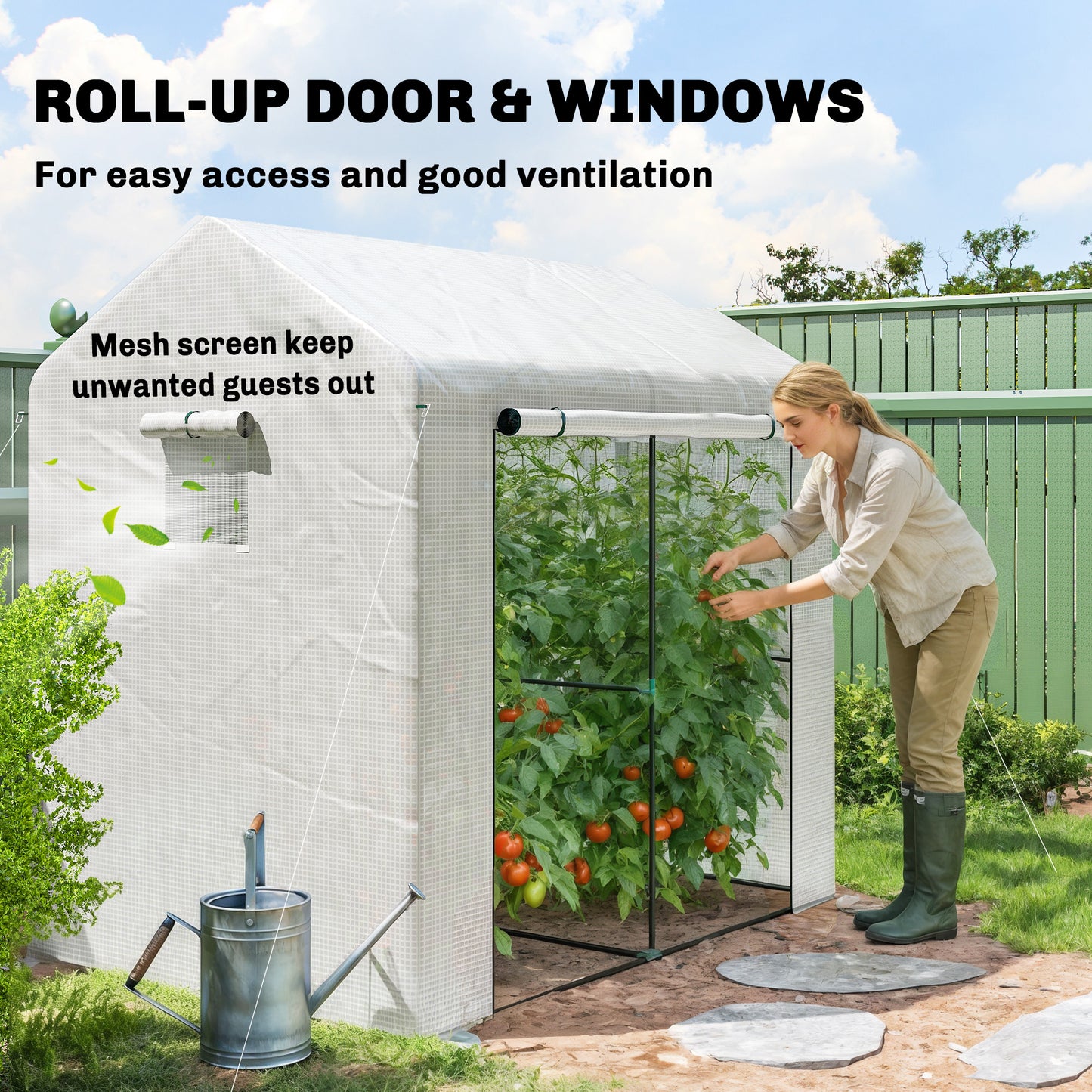Outsunny Walk-in Greenhouse, Outdoor Tomato Greenhouse with Roll-up Door and Mesh Windows, PE Cover, 200 x 140 x 200cm, White