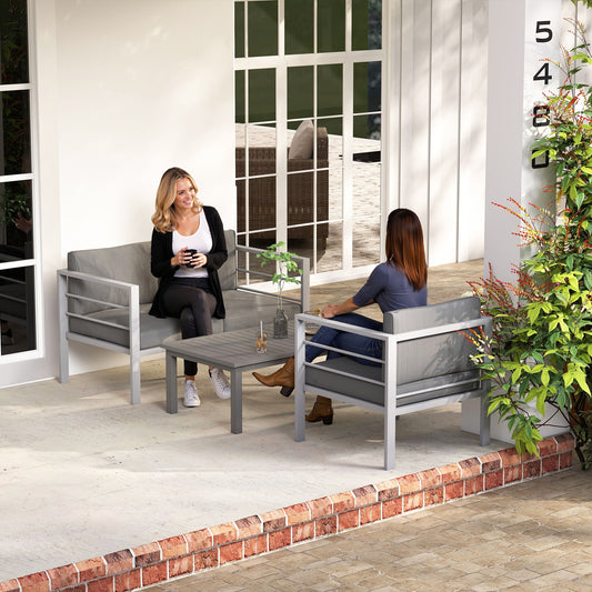 Outsunny 4 Piece Garden Furniture Set, 4 Seater Aluminium Garden Sofa Set with 2 Armchairs, Loveseat, Coffee Table and Cushions, Outdoor Conversation Conservatory Furniture for Patio, Charcoal Grey
