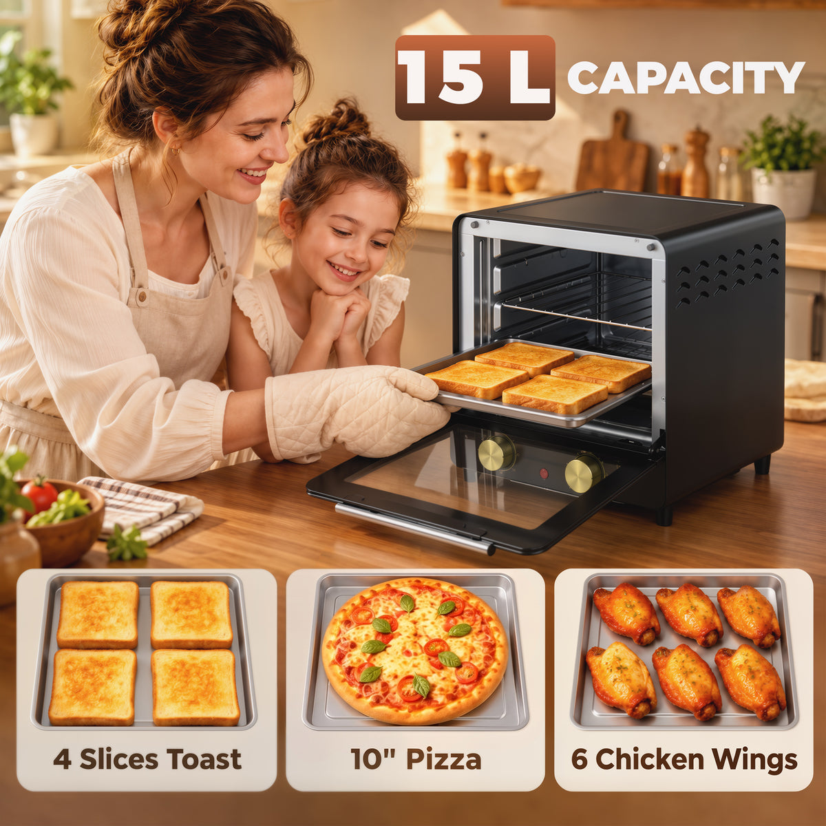 HOMCOM Mini Oven, 15 L Electric Oven and Grill w/ 60-230â„ƒ Adjustable Temperature, 60 Minute Timer, Includes Baking Tray, Black