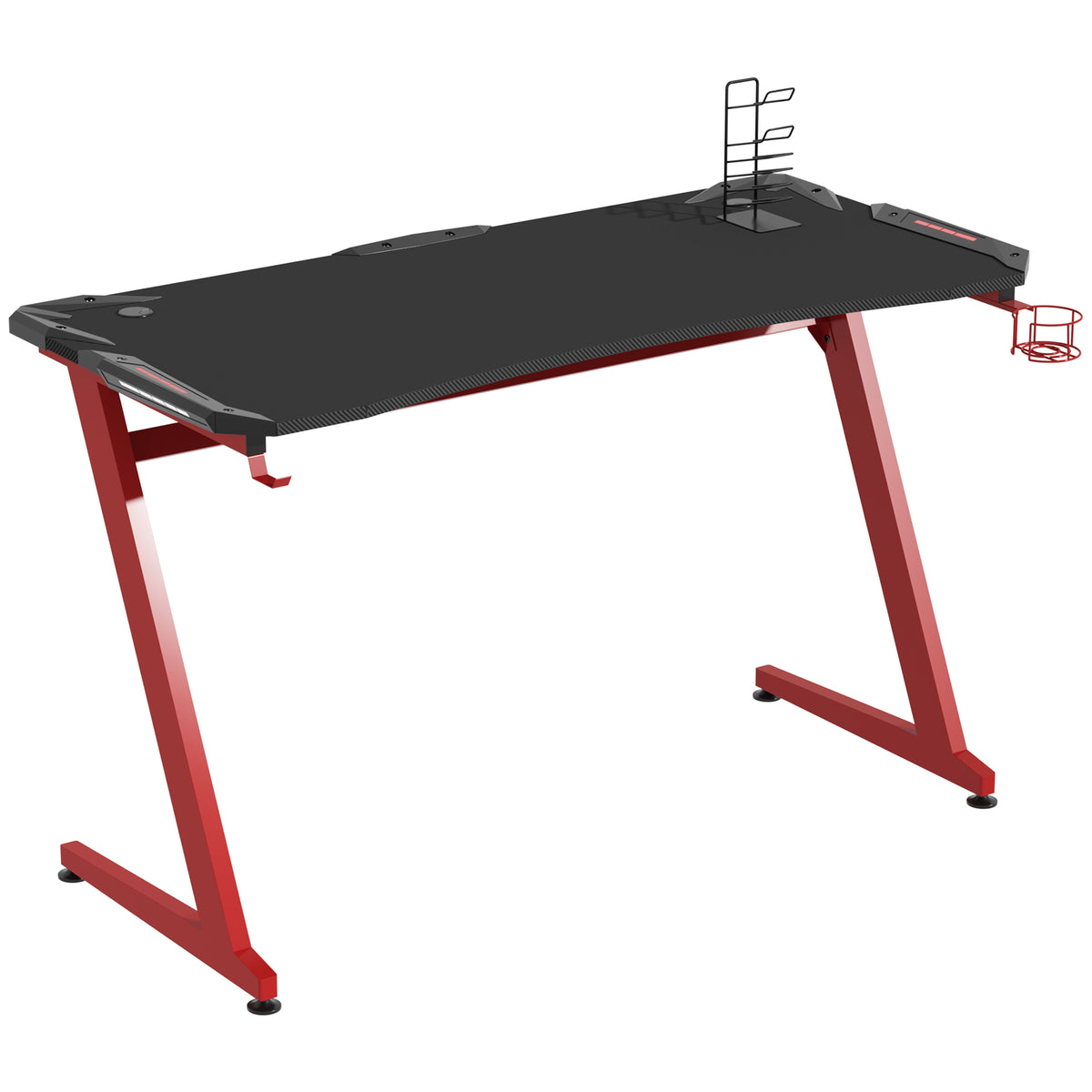 HOMCOM 142 x 66 cm Gaming Desk, Carbon Fibre Covered Computer Desk, Gamer Workstation with Headphone Hook, Cup Holder and Gamepad Storage Rack, Black and Red Default Title