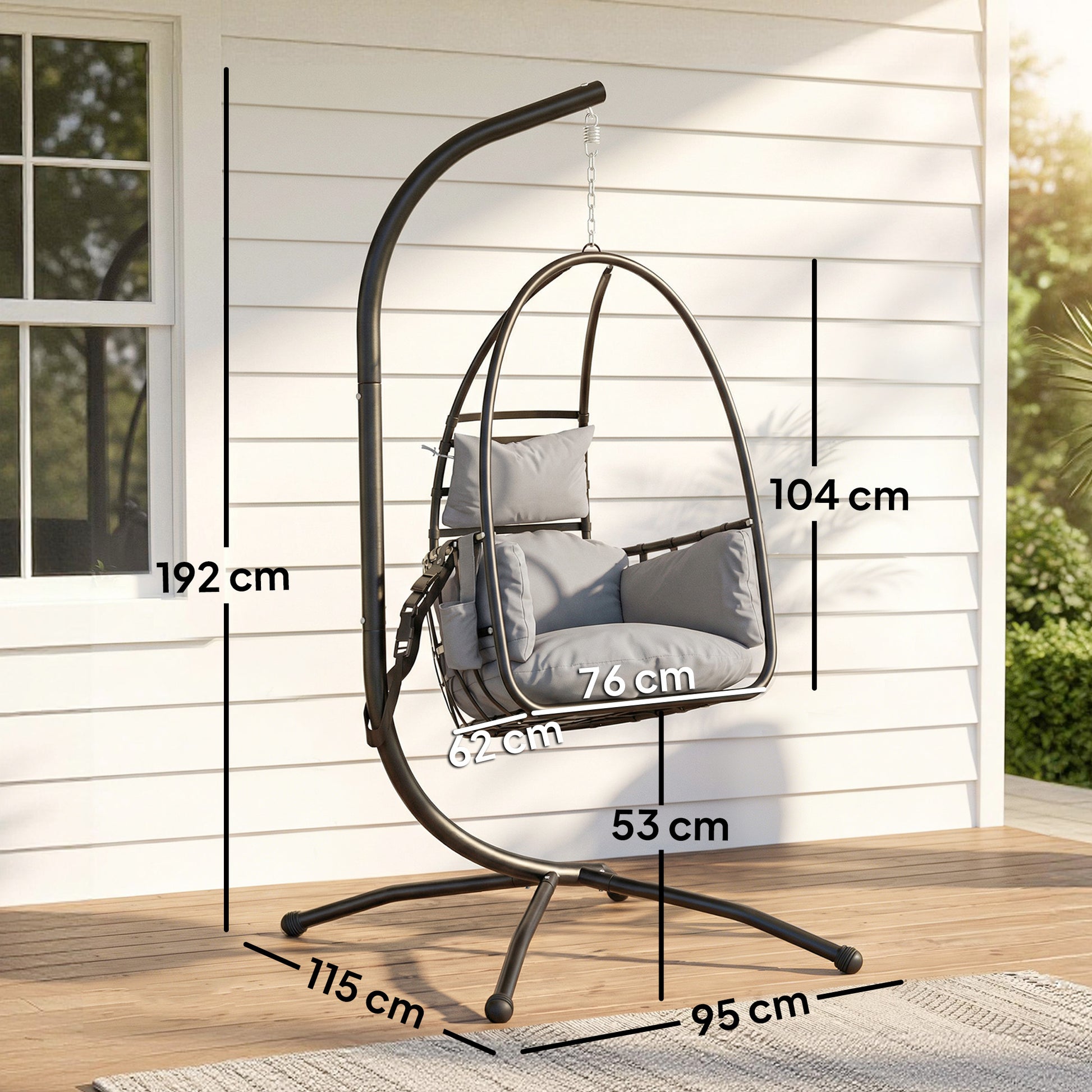 Outsunny Hanging Egg Chair, Indoor Outdoor Swinging Hammock Chair with Stand, Foldable Basket, Side Pocket, Dark Grey