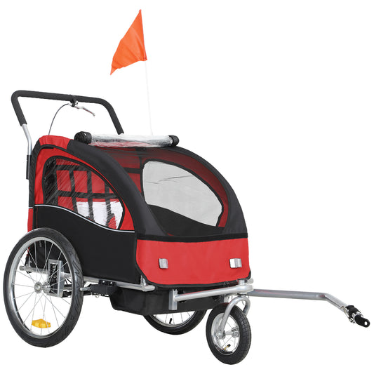 HOMCOM 2 Seat Bike Trailer with 5 Point Harness, Baby Bike Stroller with Safety Flag, Reflectors, for 18+ Months, Red