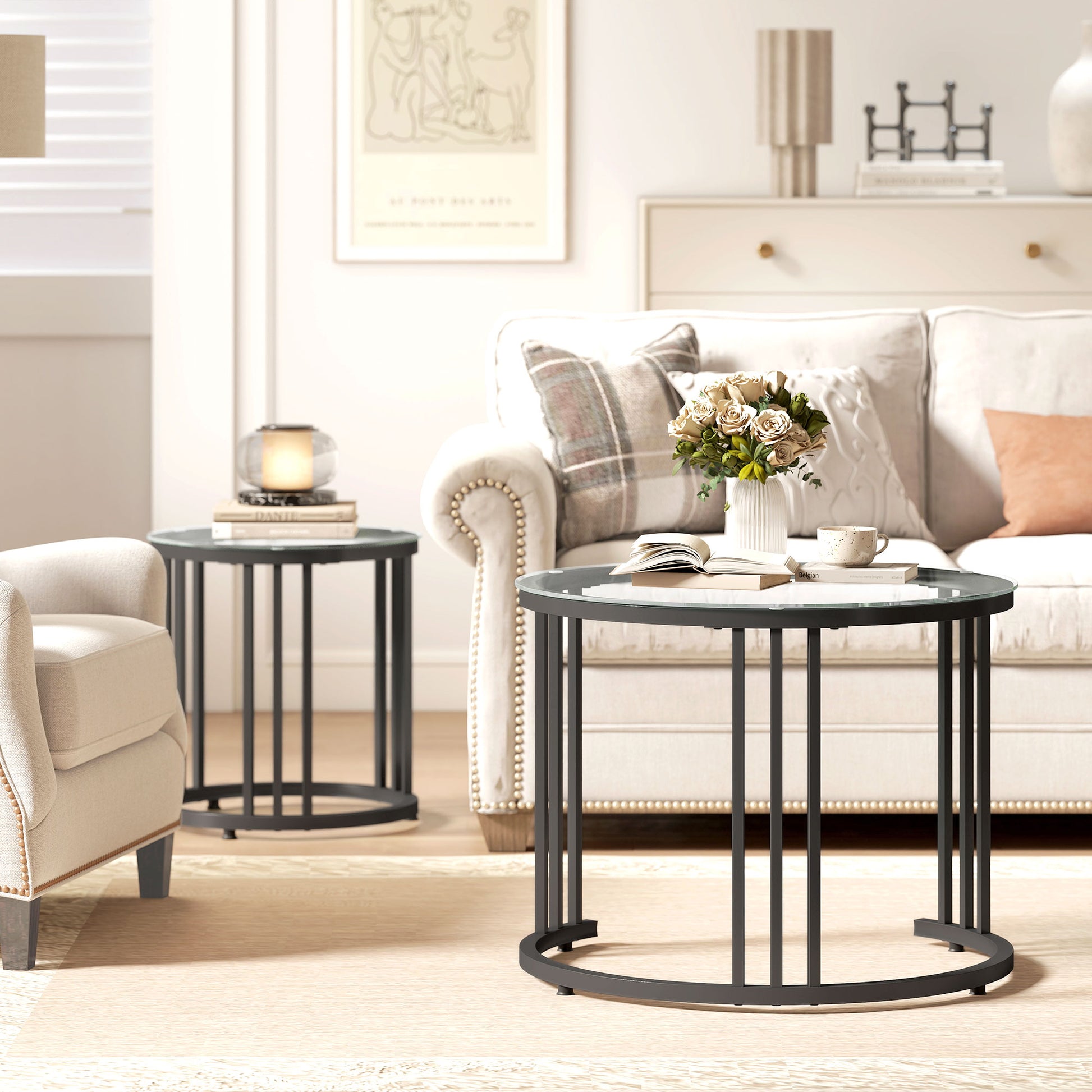 HOMCOM Round Coffee Tables Set of 2, Nesting Tables with Tempered Glass Top and Steel Frame, Black