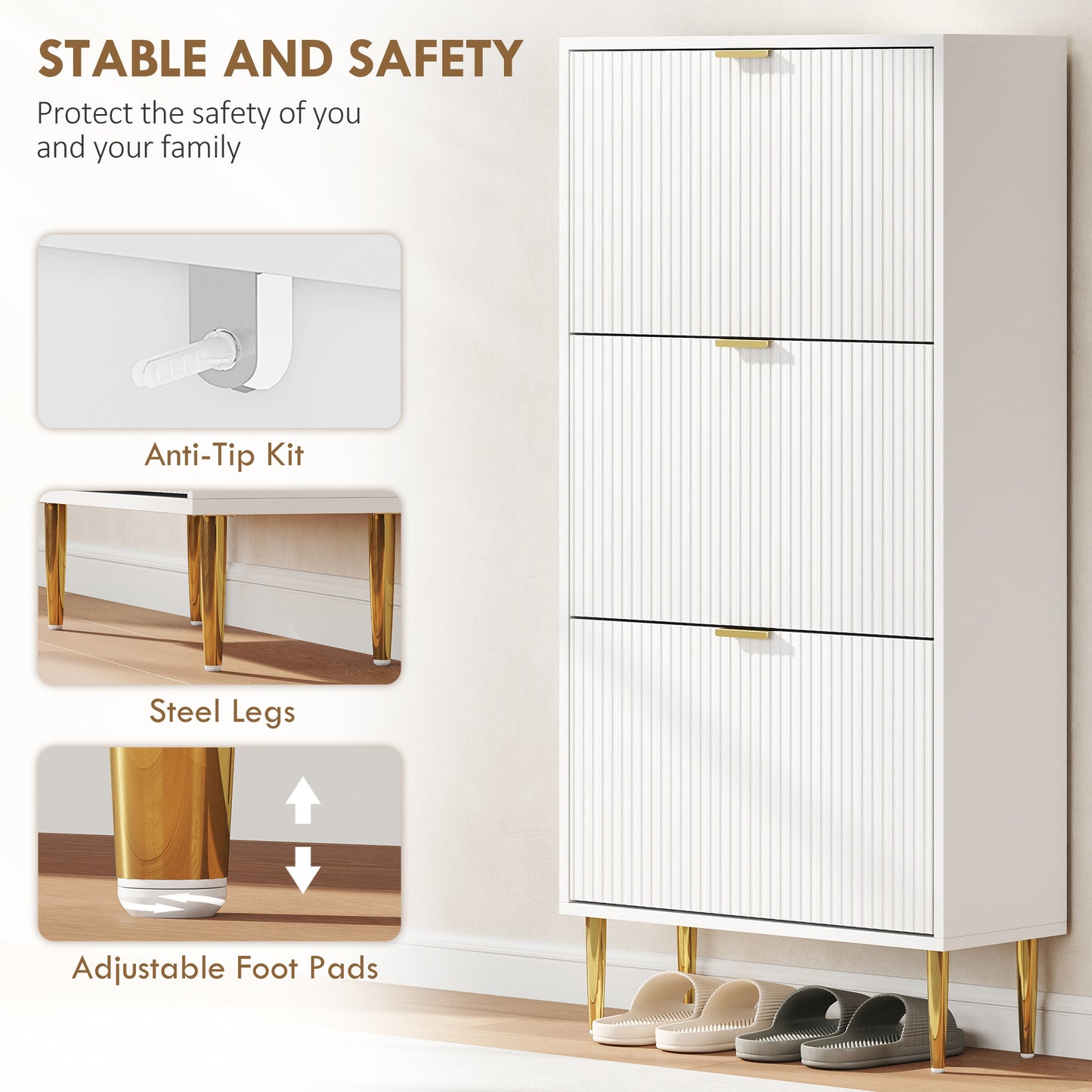 HOMCOM Narrow Shoe Cabinet with 3 Flip Drawers - White