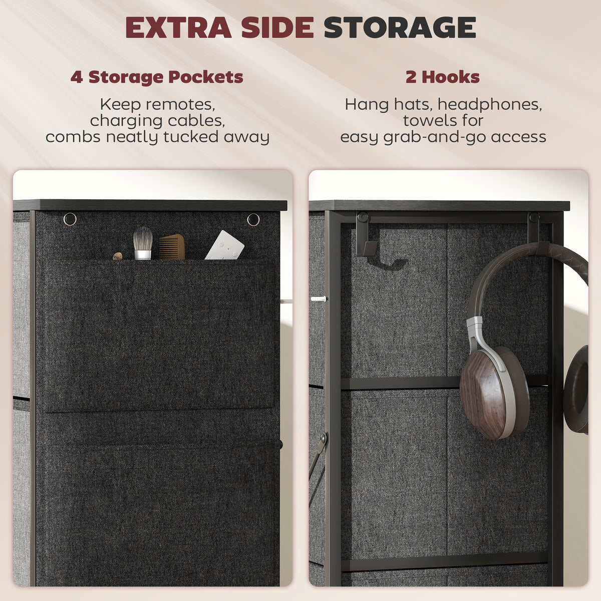 HOMCOM Chest of Drawers, Dresser with 4 Fabric Drawers, 4 Pockets, 2 Hooks and Steel Frame, Storage Unit, Grey