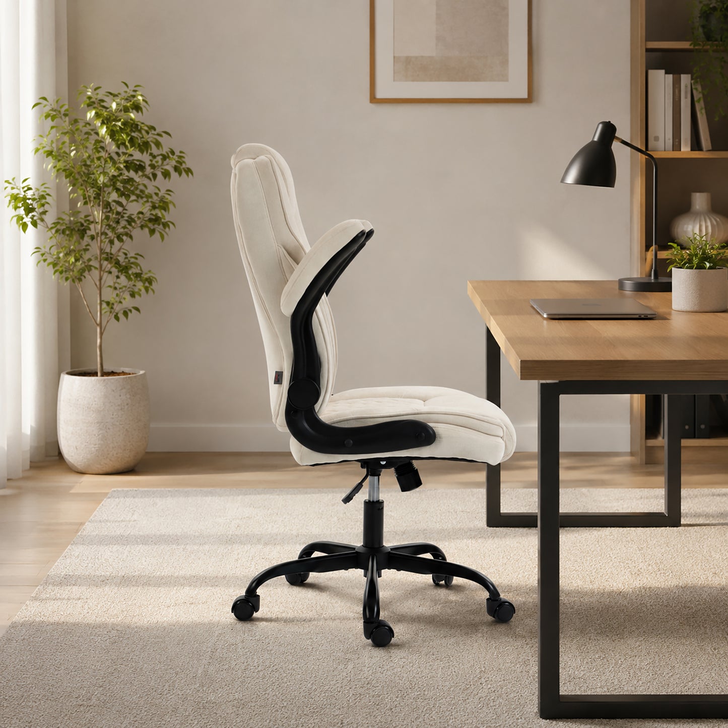 HOMCOM Office Chair, Ergonomic Desk Chair with Flip-up Armrest, Pocket Springs, Swivel Wheels, Adjustable Height, Beige
