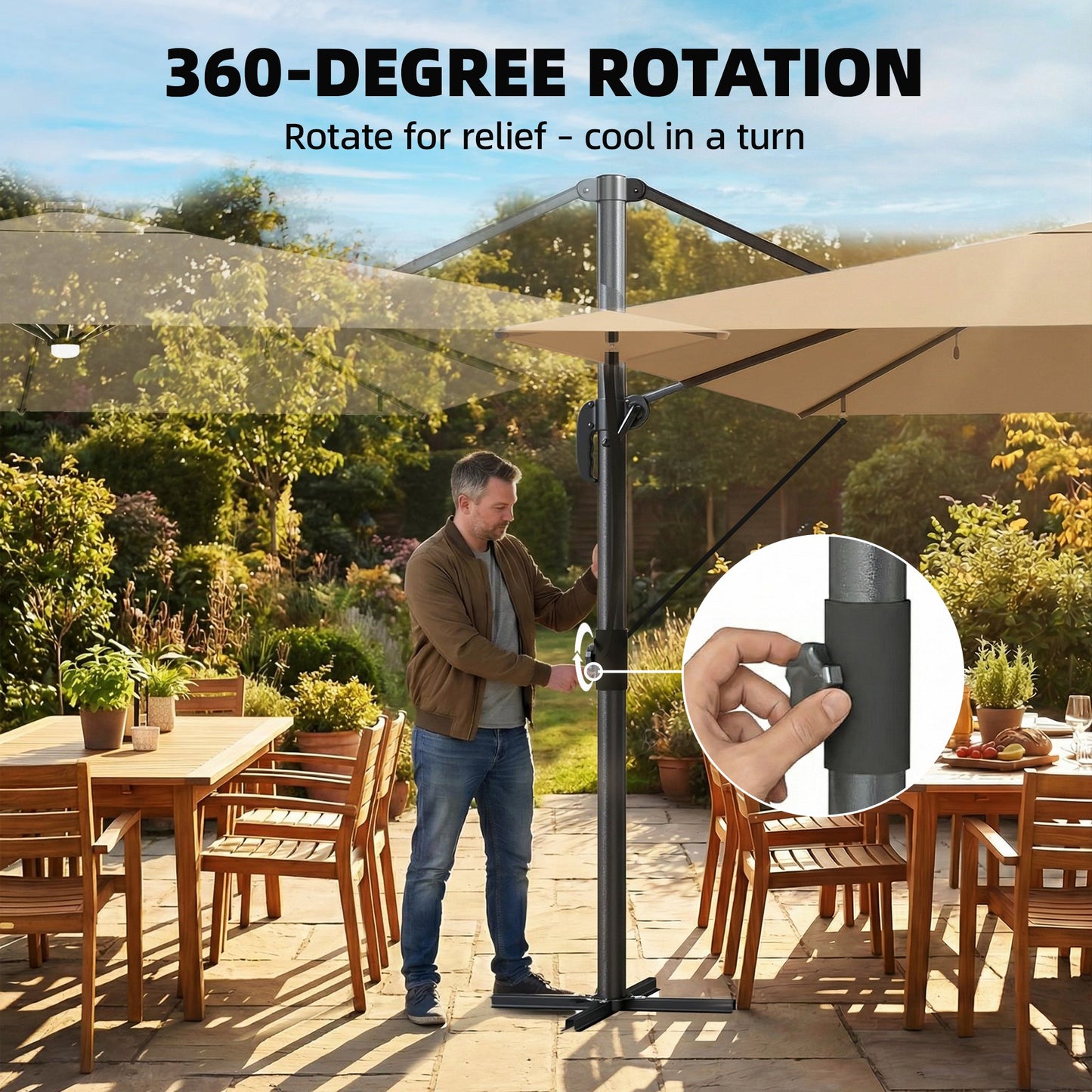 Outsunny 3 x 3 m Garden Cantilever Parasol with Light, Umbrella with Wind Protection, 360Â° Rotation, Khaki
