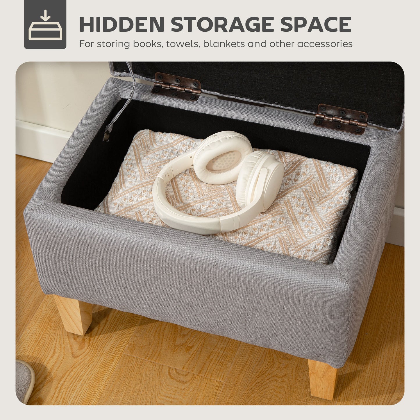 HOMCOM 16L Linen Storage Ottoman Padded Footstool with Rubberwood Legs for Storage Box, Bed End, Shoe Bench, Seating, Light Grey