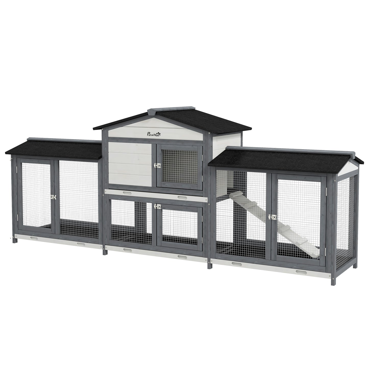 PawHut 2-Tier Large Rabbit Hutch Outdoor with Double Side Run Boxes, No-leak Plastic Tray, Ramp, 230 x 53 x 93.5cm, Light Grey
