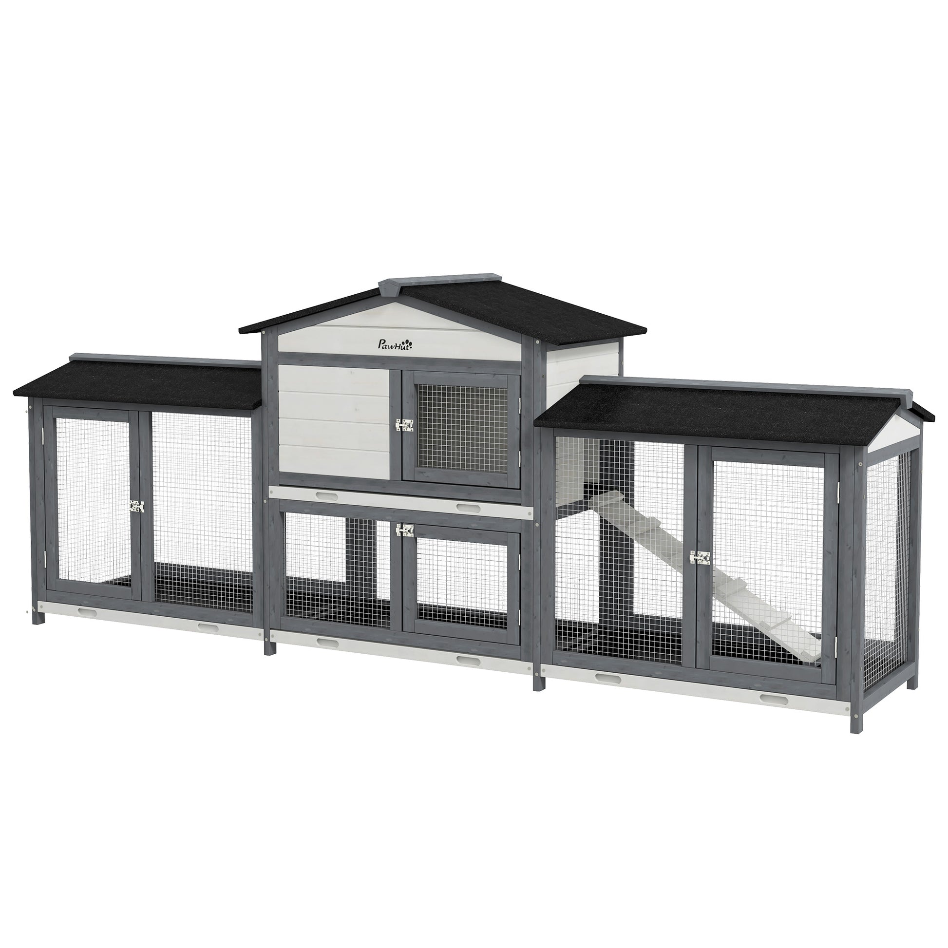 PawHut 2-Tier Large Rabbit Hutch Outdoor with Double Side Run Boxes, No-leak Plastic Tray, Ramp, 230 x 53 x 93.5cm, Light Grey