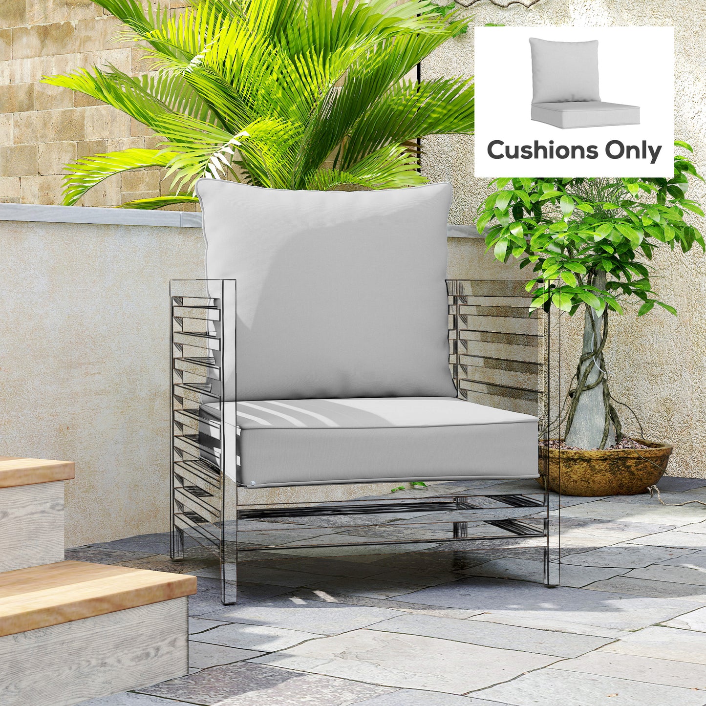 Outsunny Outdoor Seat and Back Cushion Set, 63L x 55W x 15Dcm Patio Deep Seating Chair Fade Resistant Replacement Cushion, Light Grey