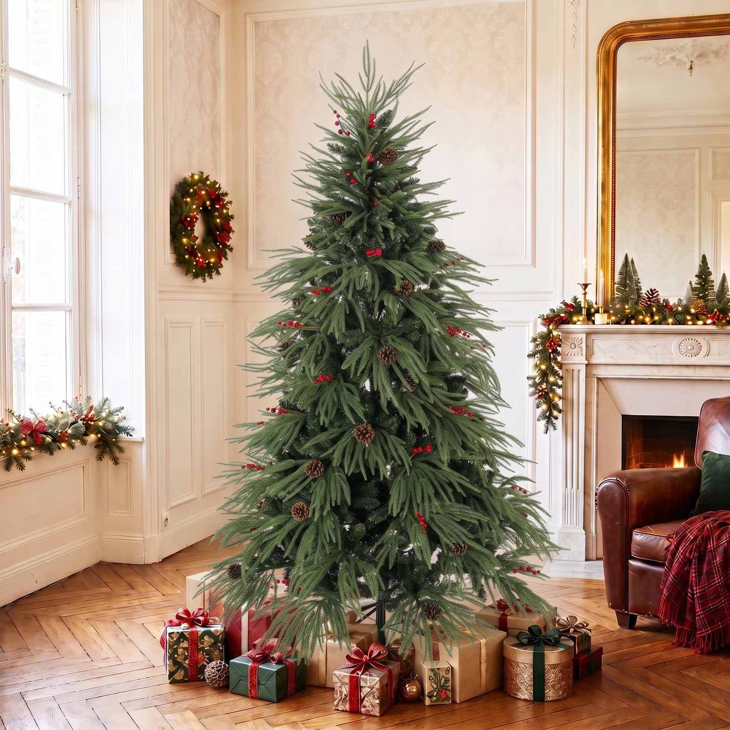 HOMCOM 6ft Artificial Christmas Tree with Pinecones, Red Berries, Hinged Predecorated Xmas Tree with 2843 Branch Tips