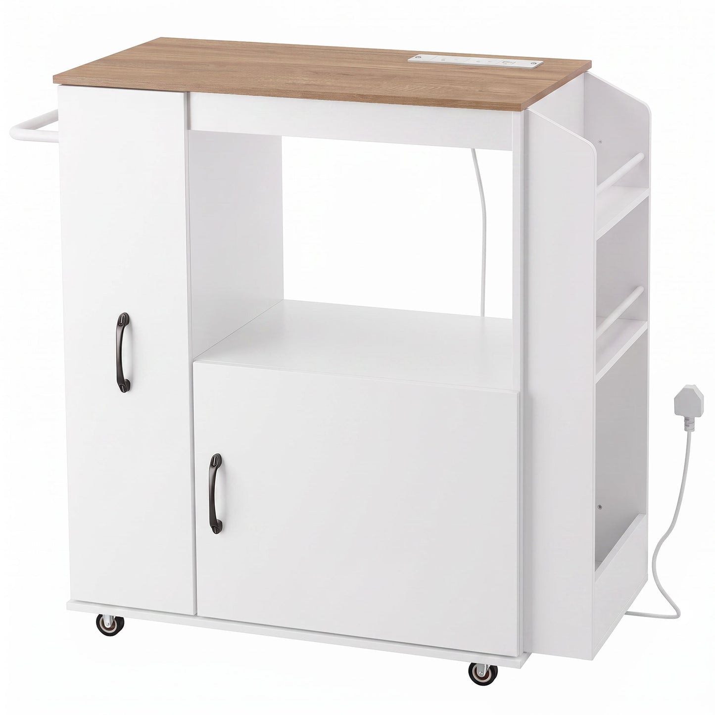 HOMCOM Kitchen Trolley on Wheels, Rolling Kitchen Island Cart with Power Outlet, Cabinet, Pull-Out Drawer, White