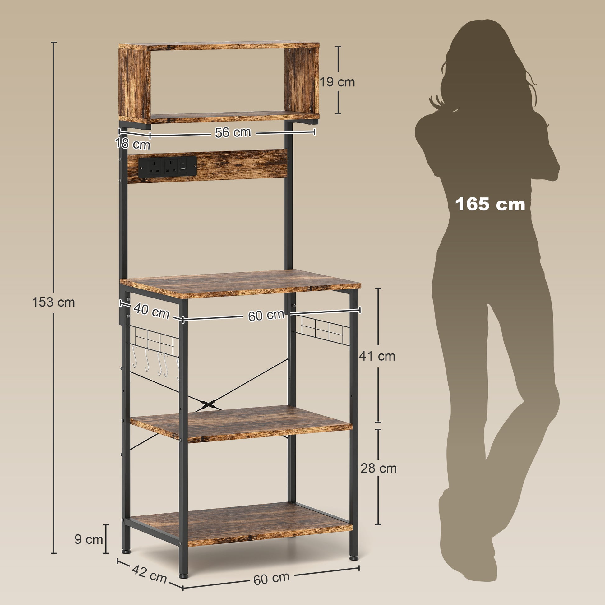 HOMCOM Kitchen Storage Rack, Bakers Rack with Power Outlet, USB Charger, Rustic Brown