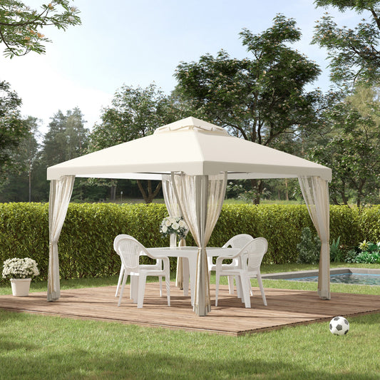 Outsunny 3 x 3 m Metal Gazebo, Garden Pavillion, DoubleÂ Roof Outdoor Canopy Shelter with Mesh Sidewalls, Cream White