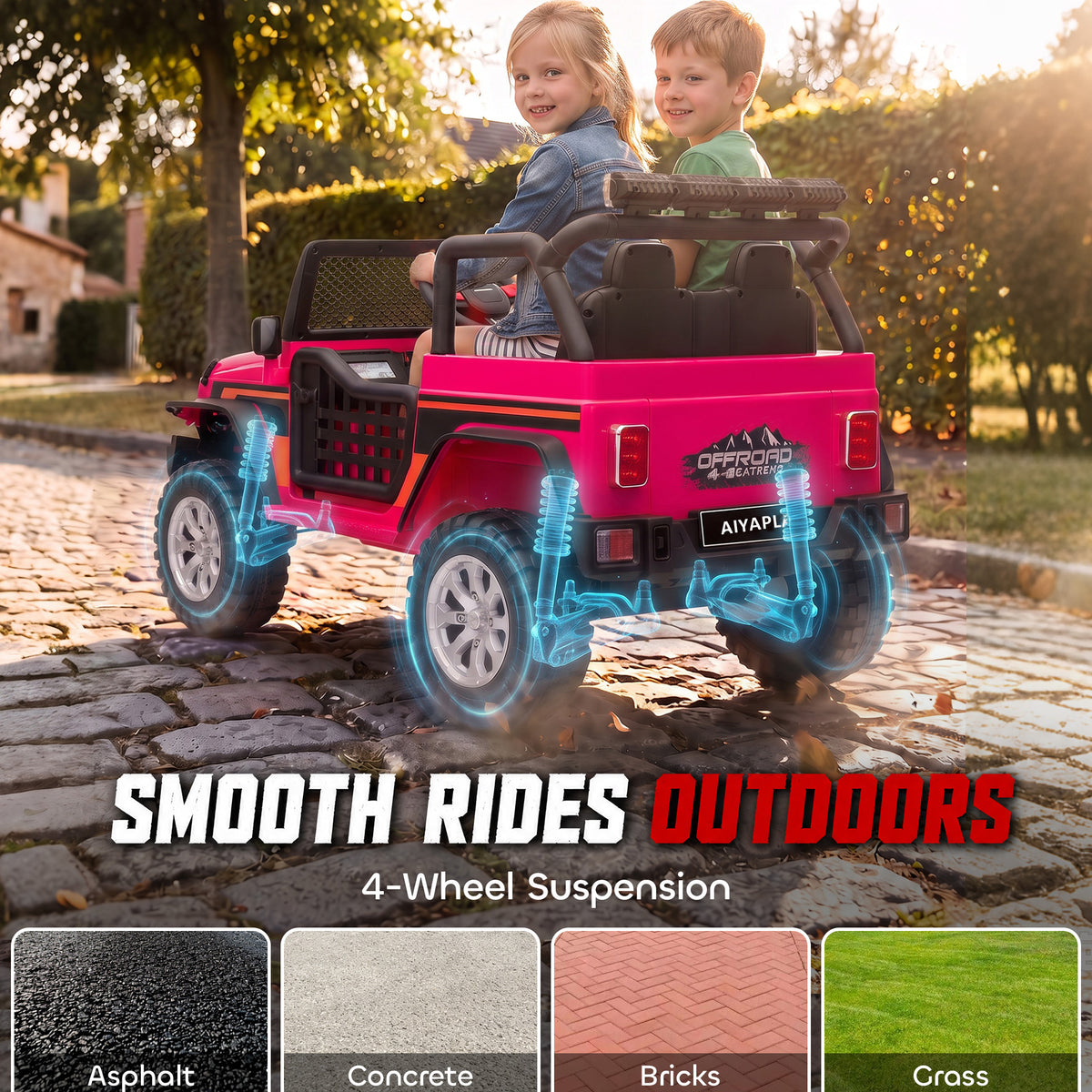 AIYAPLAY 12V Kids Electric Ride on Car with 2 Motors, Remote Control, Soft Start, Four-Wheel Suspension, Seat Belt