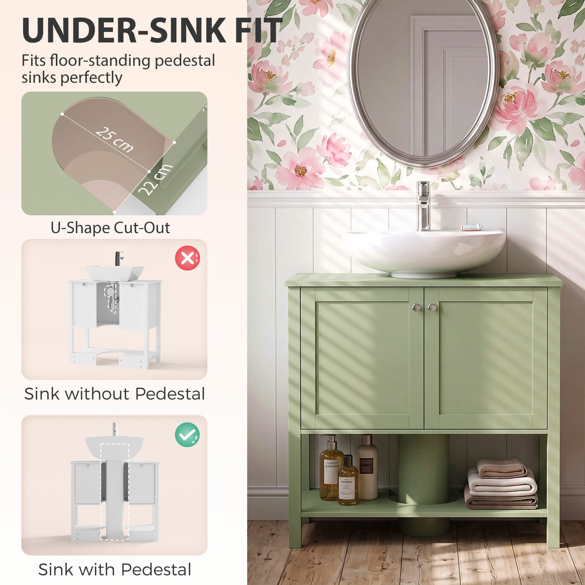 HOMCOM Under Sink Bathroom Cabinet with 2 Doors, Open Shelf and U-Shape Cut-Out for Basin with or without Pedestal, Green