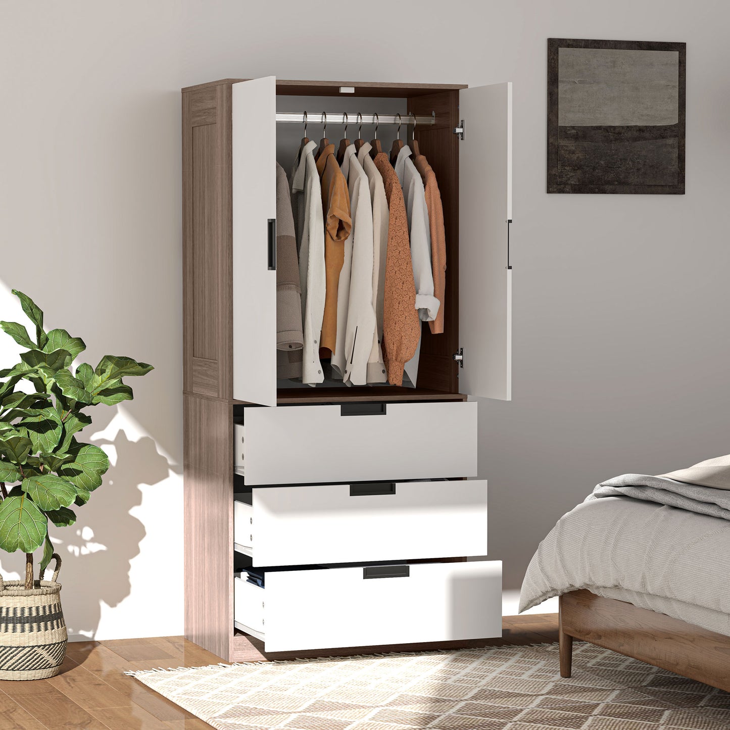HOMCOM Two Door Wardrobe with drawers for Bedroom Use Family Use, White Brown