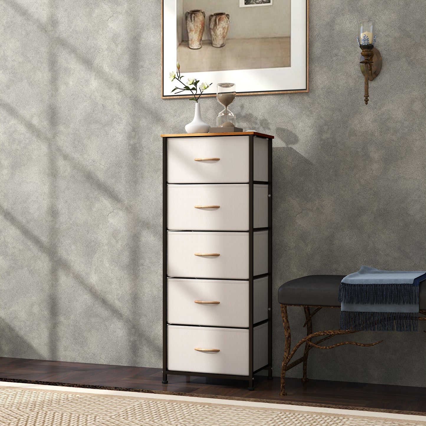 HOMCOM Fabric Chest of Drawers, Industrial Bedroom Dresser with 5 Fabric Drawers, Steel Frame and Wooden Top for Nursery, Living Room, Hallway, Cream White